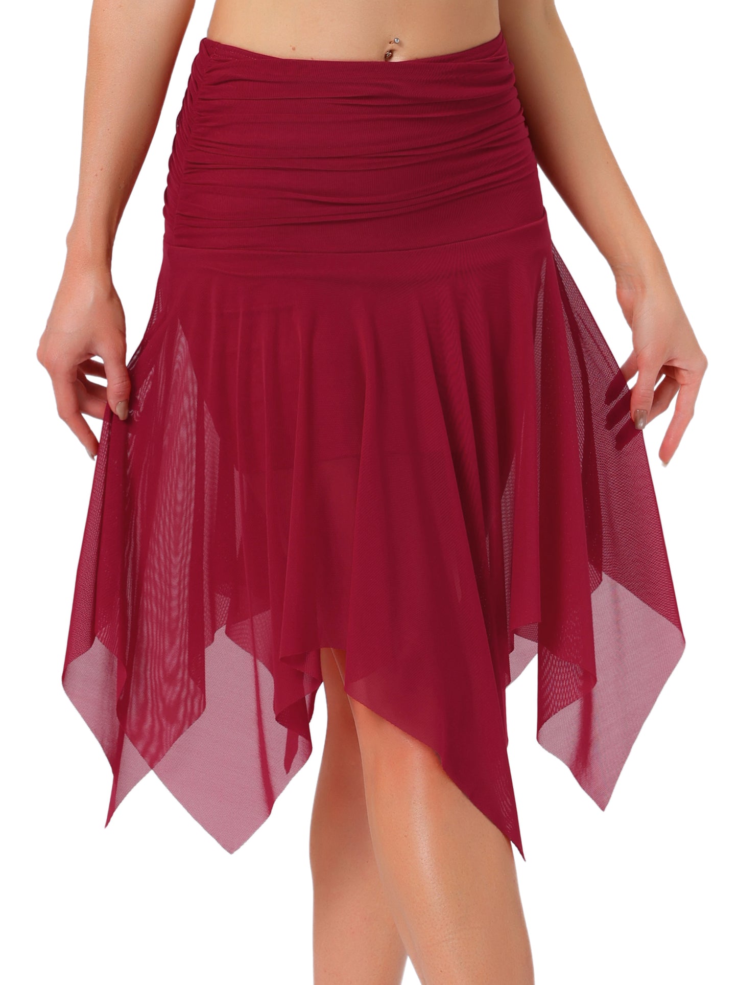 Women's Asymmetrical High Waisted Ruched Flowy Mesh Midi Skirt