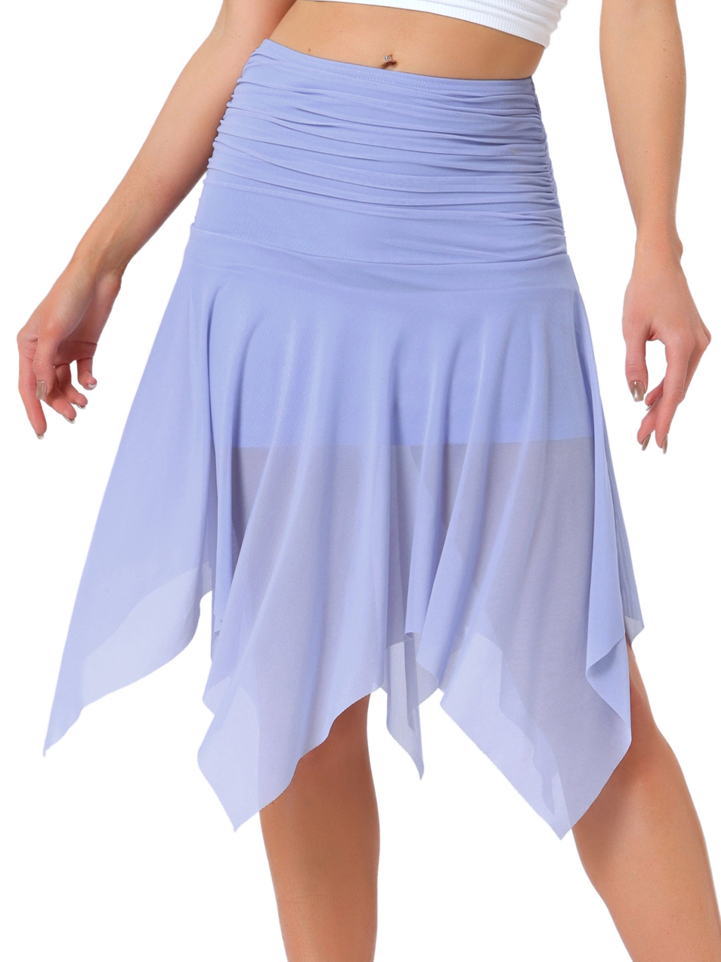 Women's Asymmetrical High Waisted Ruched Flowy Mesh Midi Skirt