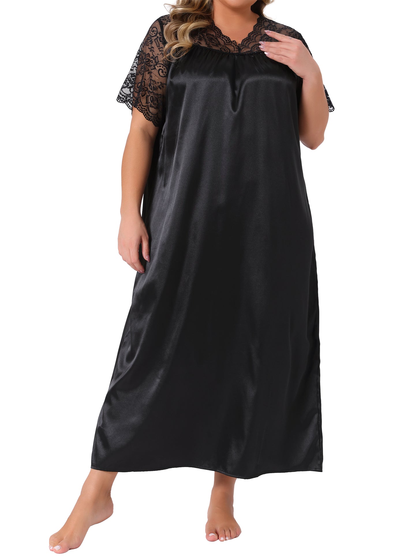 Women Plus Size Nightgown Lace Short Sleeve Dress V Neck Satin Maxi Sleepwear