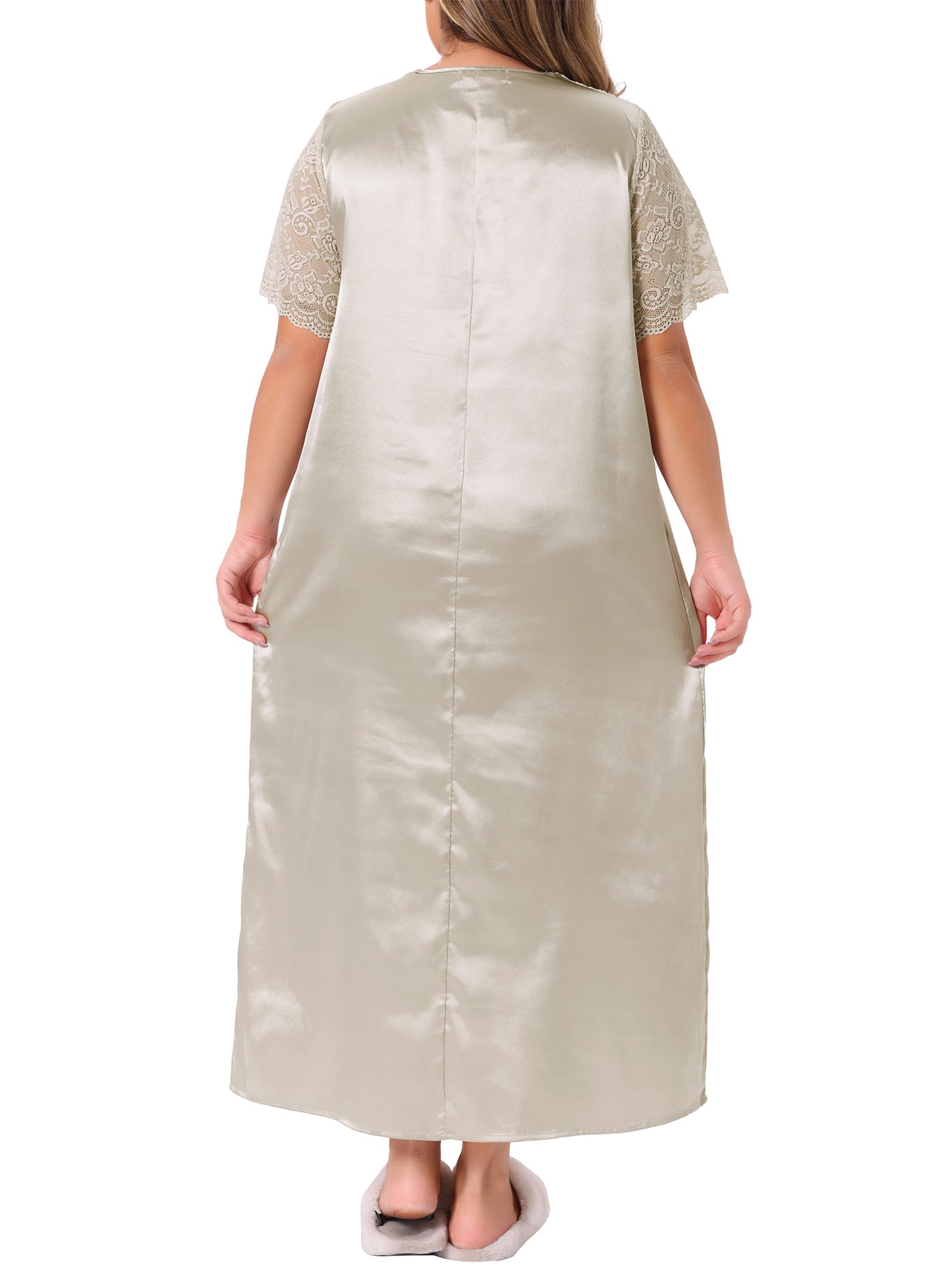 Women Plus Size Nightgown Lace Short Sleeve Dress V Neck Satin Maxi Sleepwear