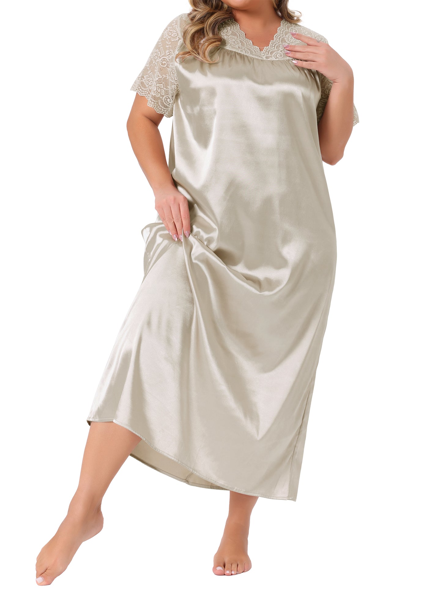 Women Plus Size Nightgown Lace Short Sleeve Dress V Neck Satin Maxi Sleepwear