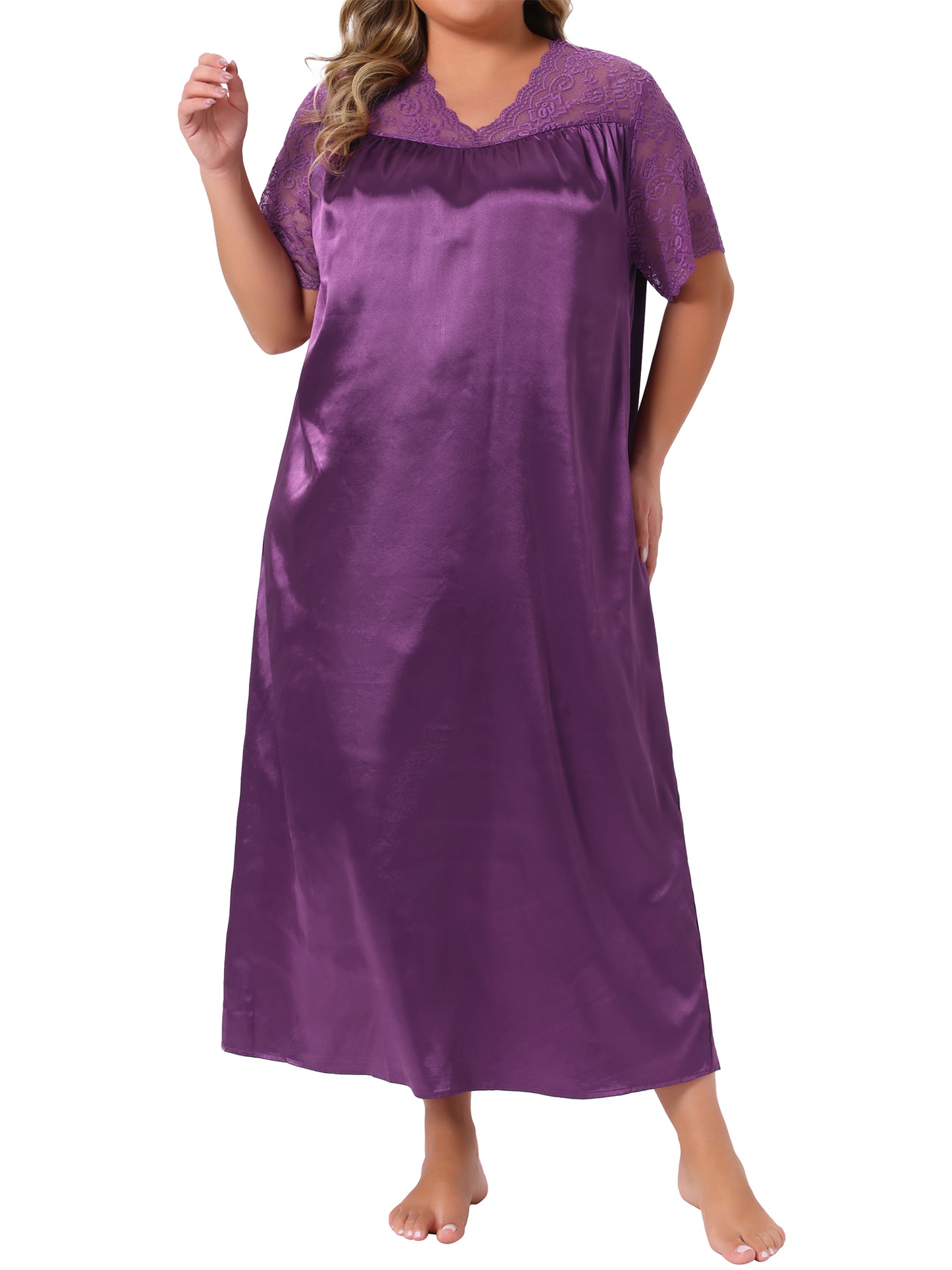 Women Plus Size Nightgown Lace Short Sleeve Dress V Neck Satin Maxi Sleepwear