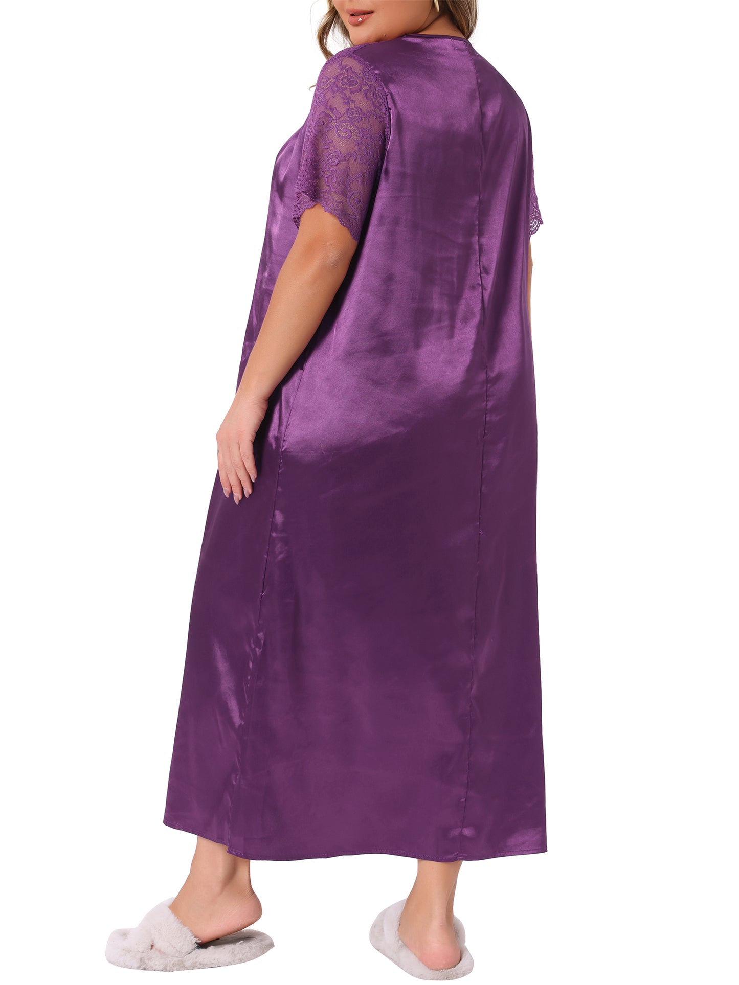 Women Plus Size Nightgown Lace Short Sleeve Dress V Neck Satin Maxi Sleepwear