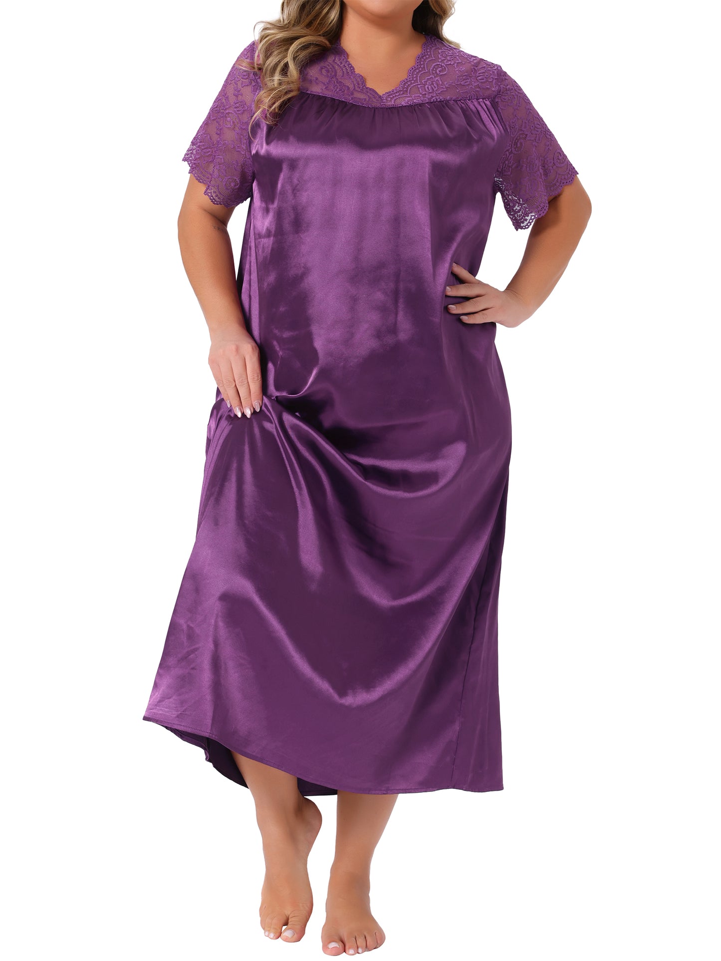 Women Plus Size Nightgown Lace Short Sleeve Dress V Neck Satin Maxi Sleepwear