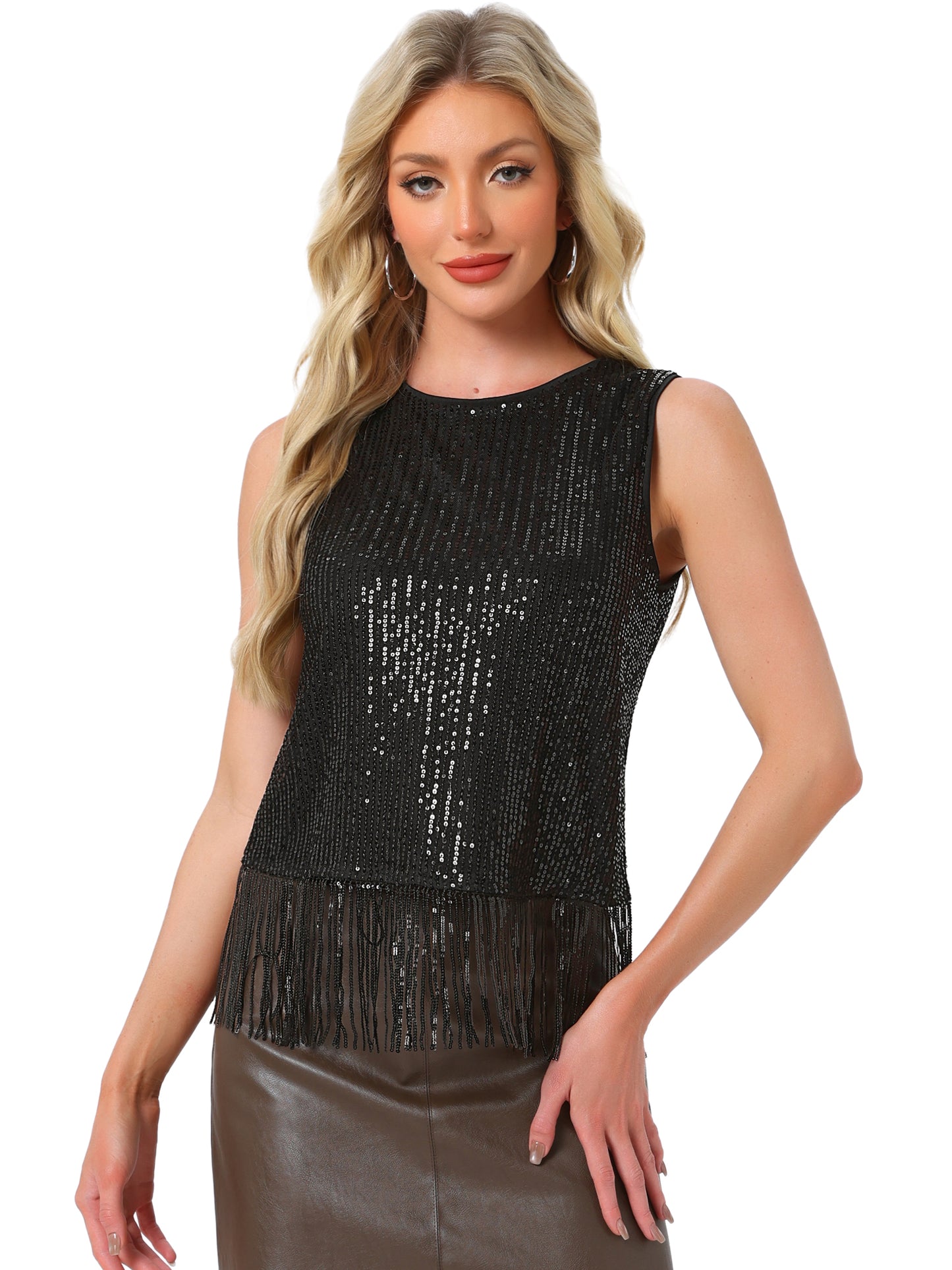 Women's Sequin Top Party Fringe Hem Sleeveless Round Neck Club Tank