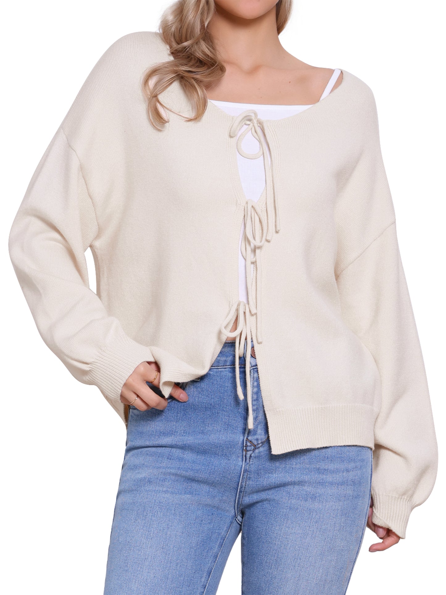 Suéter tipo cárdigan con lazo frontal para mujer, abierto, bonito lazo, manga larga, otoño