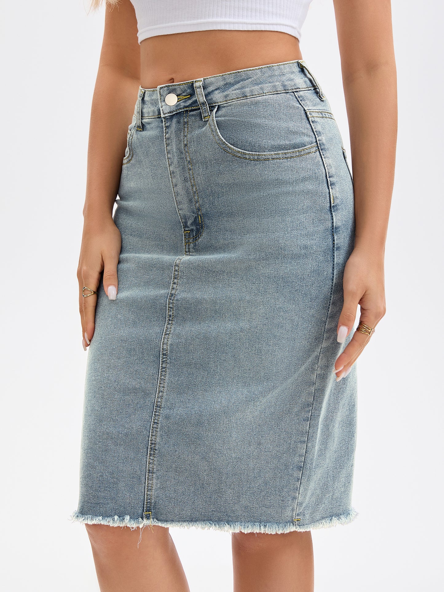 Women's Denim Skirt Raw Hem High Waisted Pockets Stretch Knee Length Jean Skirt