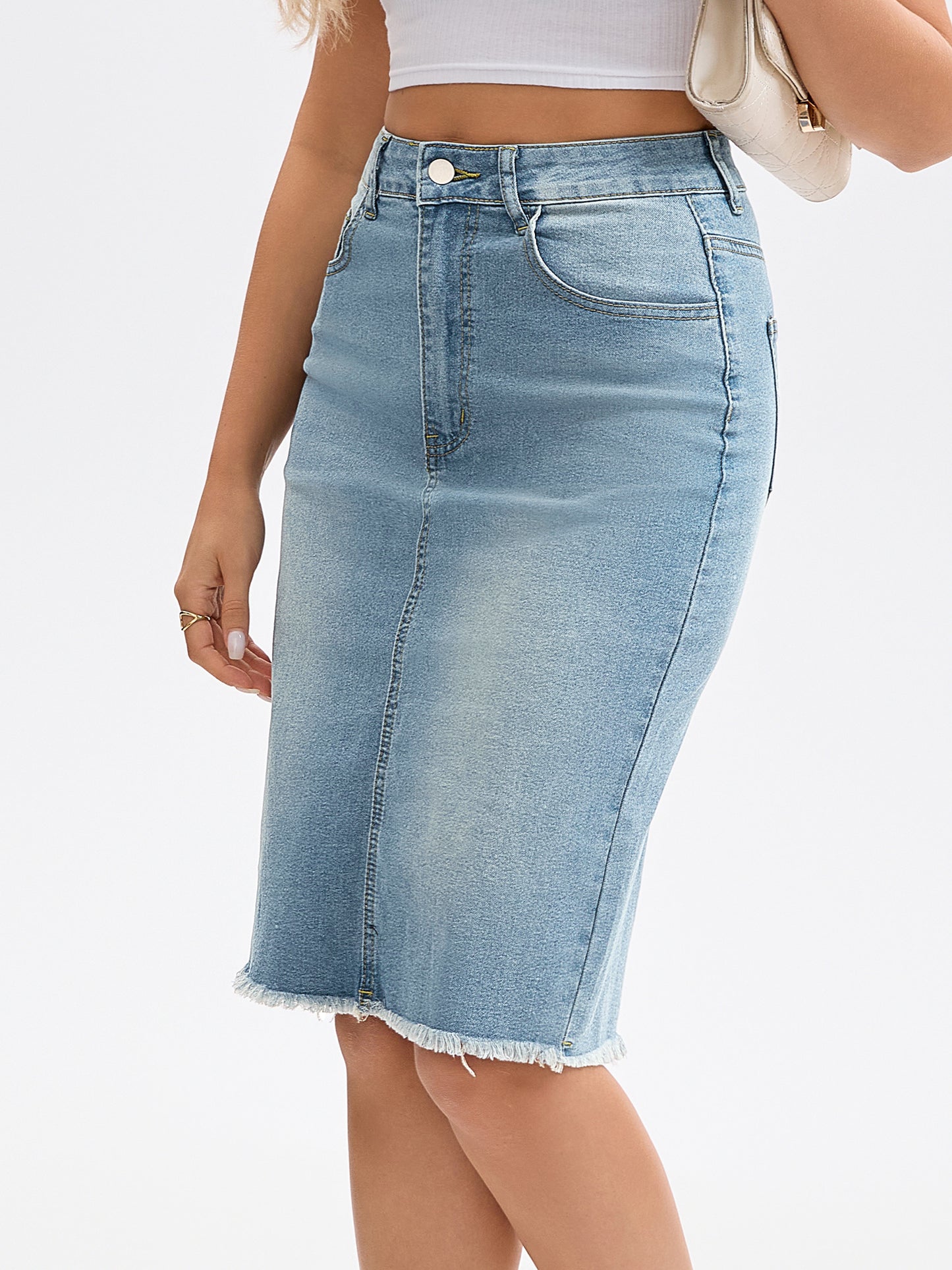 Women's Denim Skirt Raw Hem High Waisted Pockets Stretch Knee Length Jean Skirt