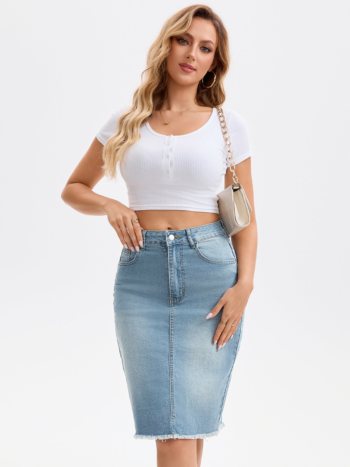 Women's Denim Skirt Raw Hem High Waisted Pockets Stretch Knee Length Jean Skirt