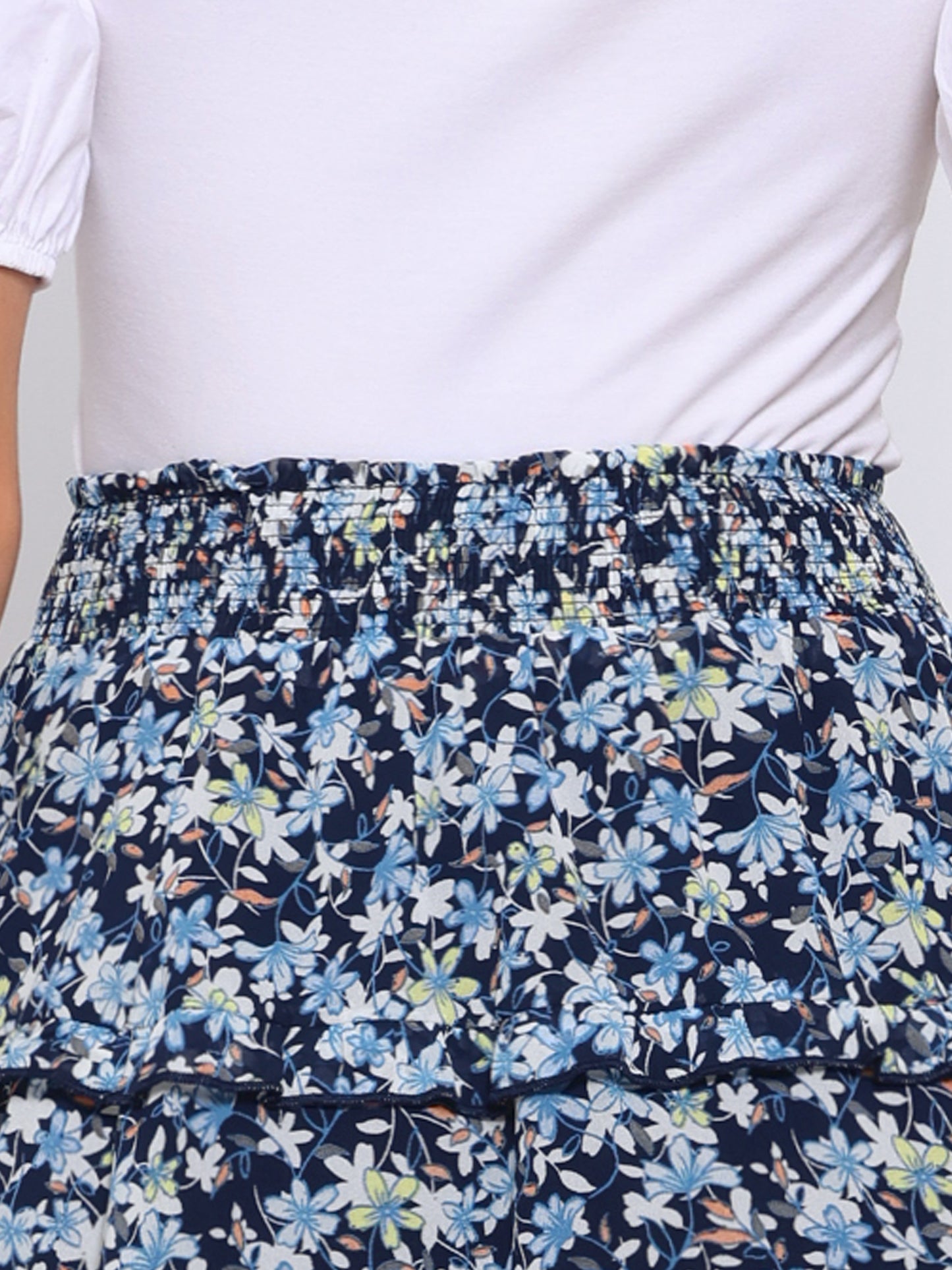 Faldas florales para mujer, primavera, fruncidas, cintura elástica, corte A, por debajo de la rodilla, falda con volantes escalonados