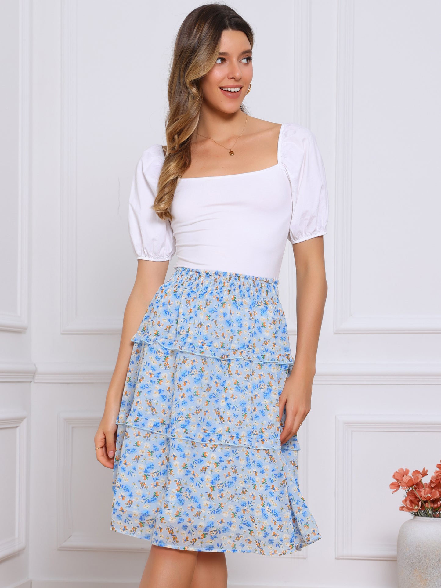 Faldas florales para mujer, primavera, fruncidas, cintura elástica, corte A, por debajo de la rodilla, falda con volantes escalonados