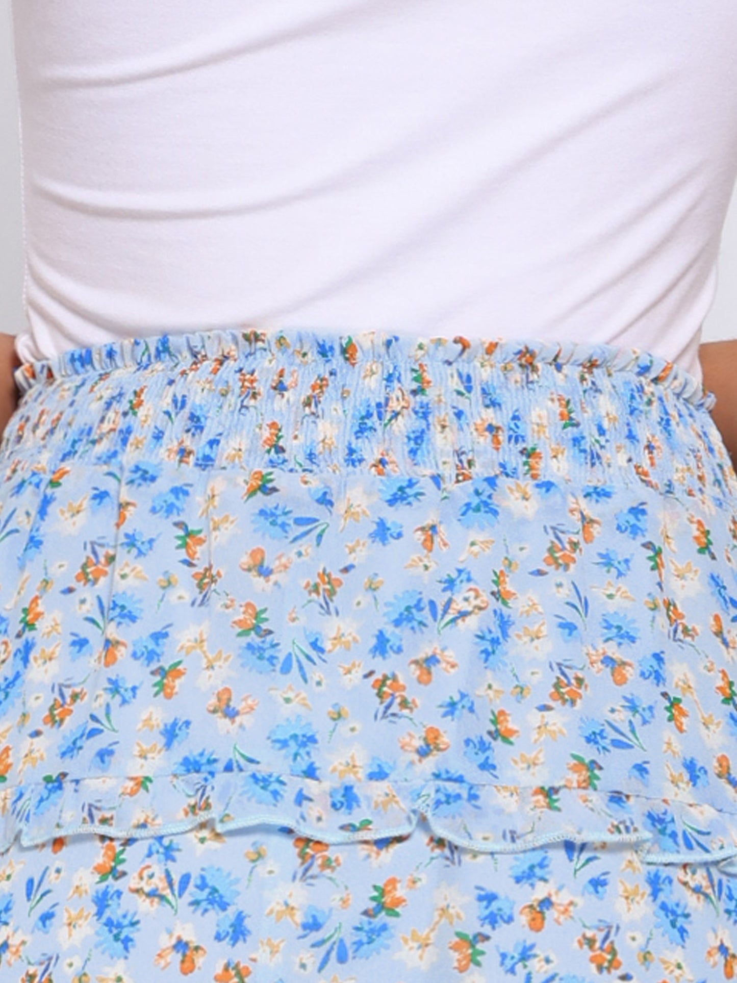 Women's Floral Skirts Spring Smocked Elastic Waist A-Line Below Knee Length Ruffle Tiered Skirt