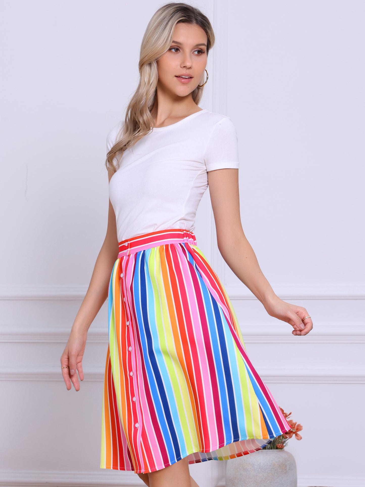 Women's Striped Button Front Elastic Back Waist A-Line Midi Skirt