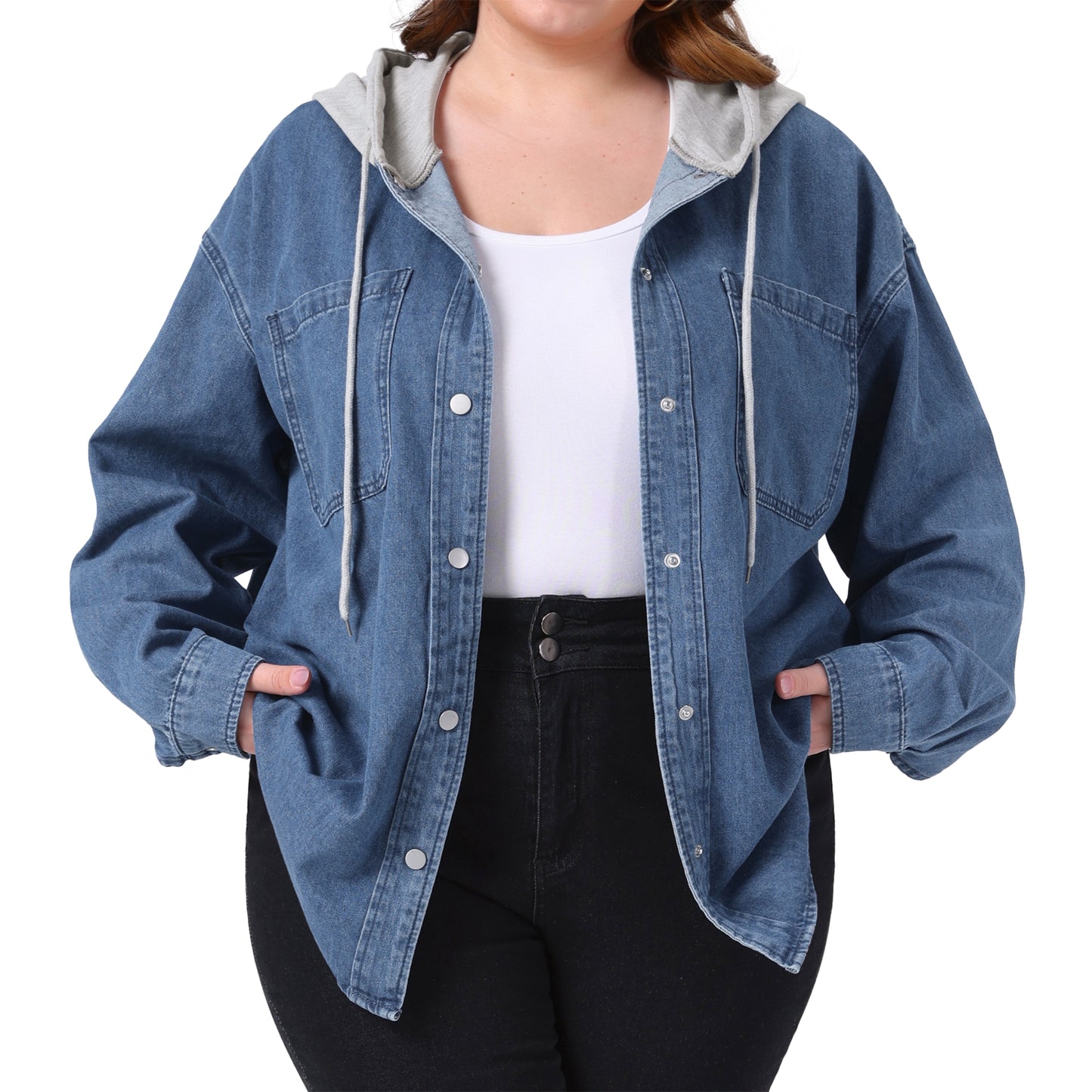 Women's Plus Size Denim Shacket Jacket Long Sleeve Color Block Hooded Jeans Shirt Jackets with Pockets