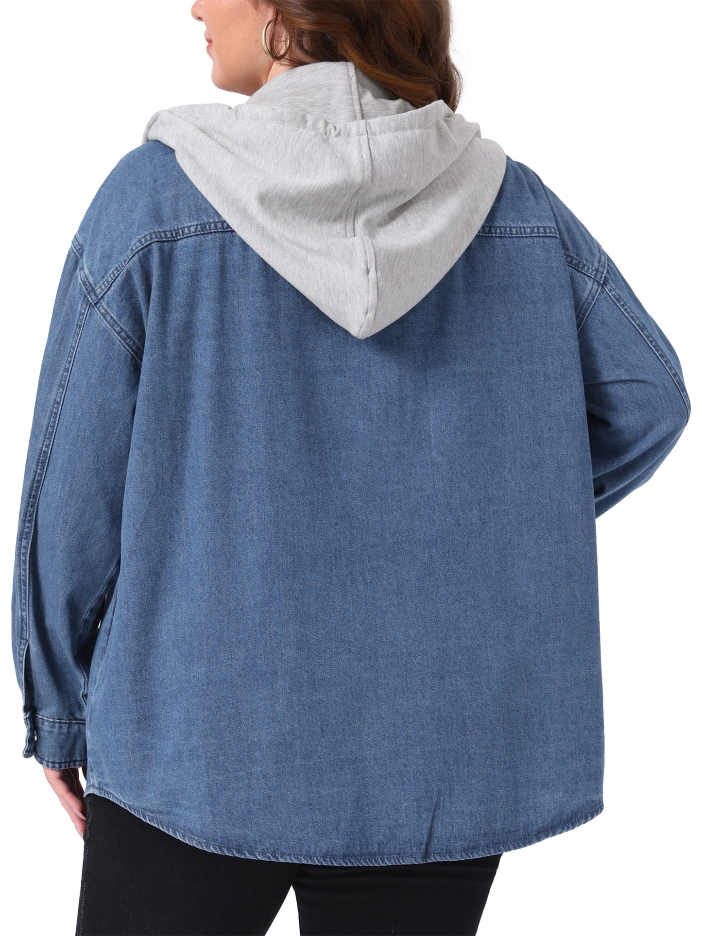 Women's Plus Size Denim Shacket Jacket Long Sleeve Color Block Hooded Jeans Shirt Jackets with Pockets