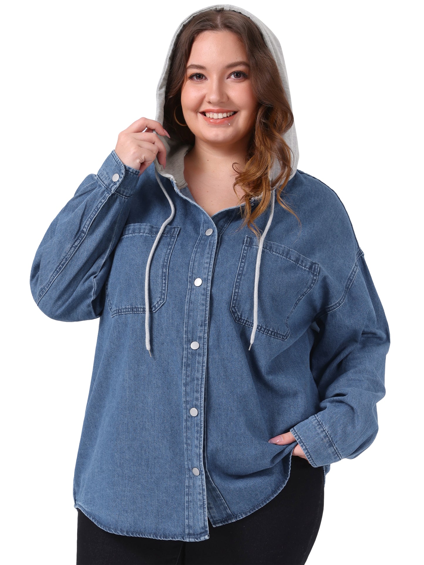 Women's Plus Size Denim Shacket Jacket Long Sleeve Color Block Hooded Jeans Shirt Jackets with Pockets