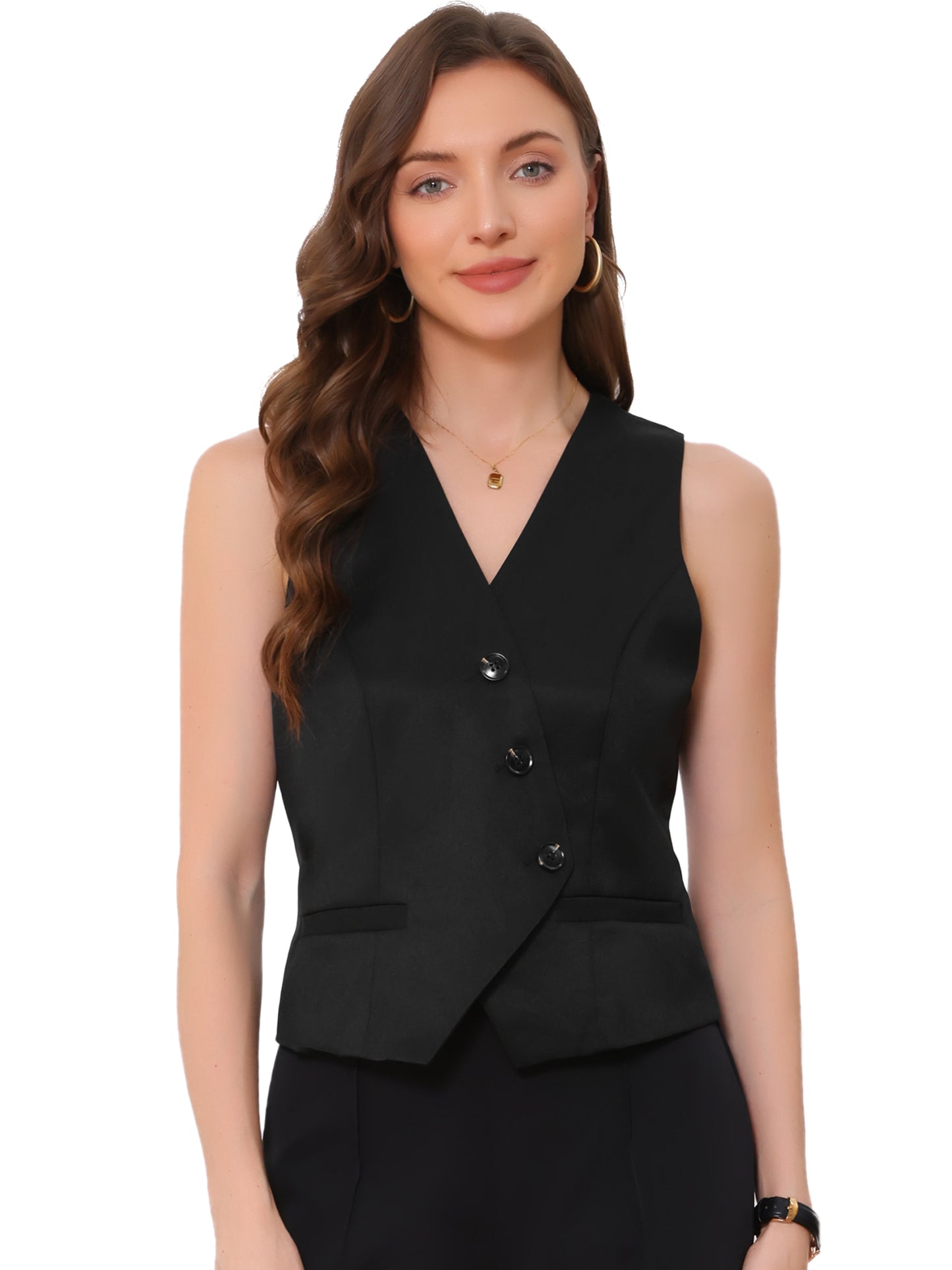 Women's V-Neck Button-Down Work Business Blazer Suit Vest