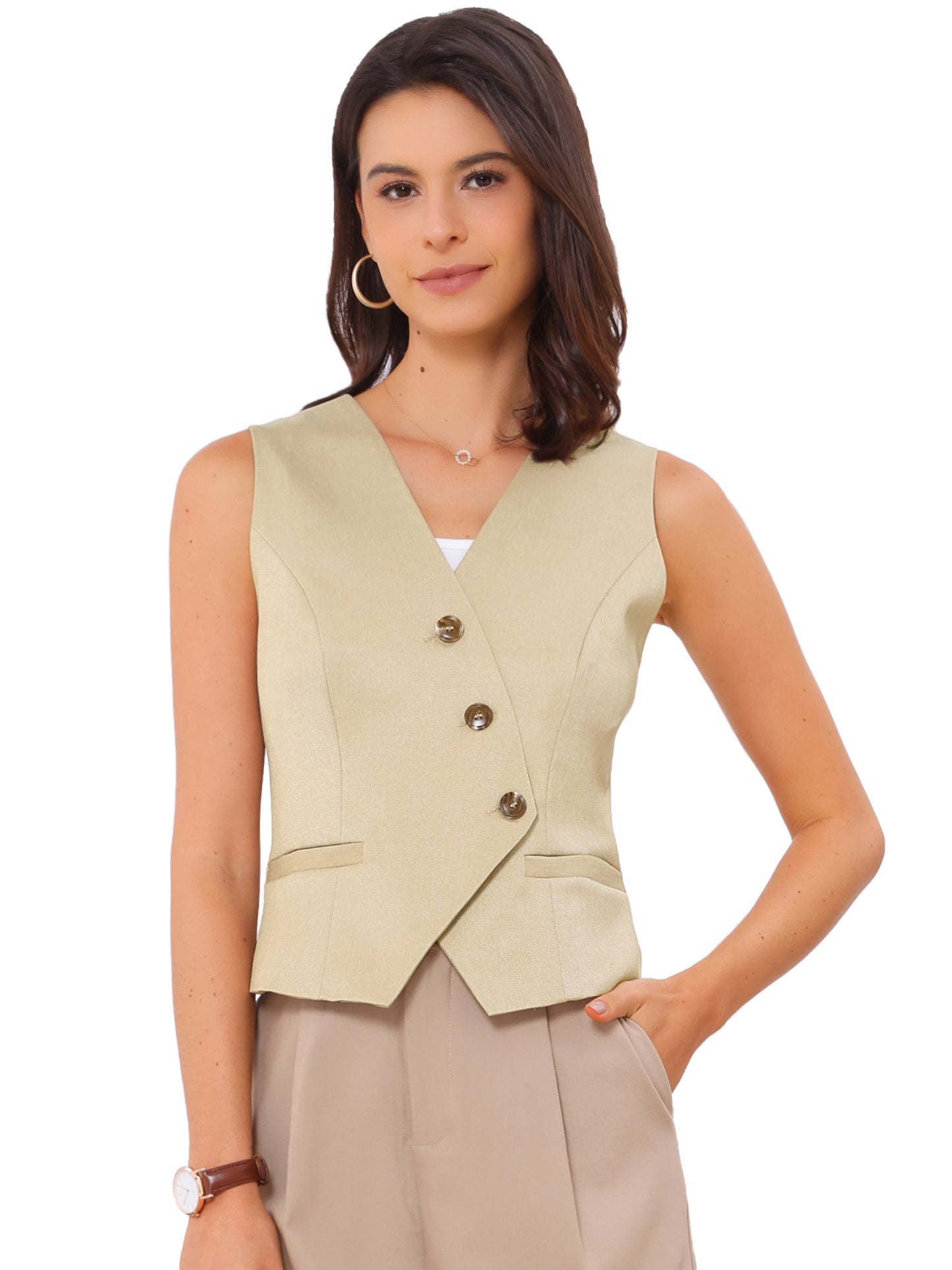 Women's V-Neck Button-Down Work Business Blazer Suit Vest