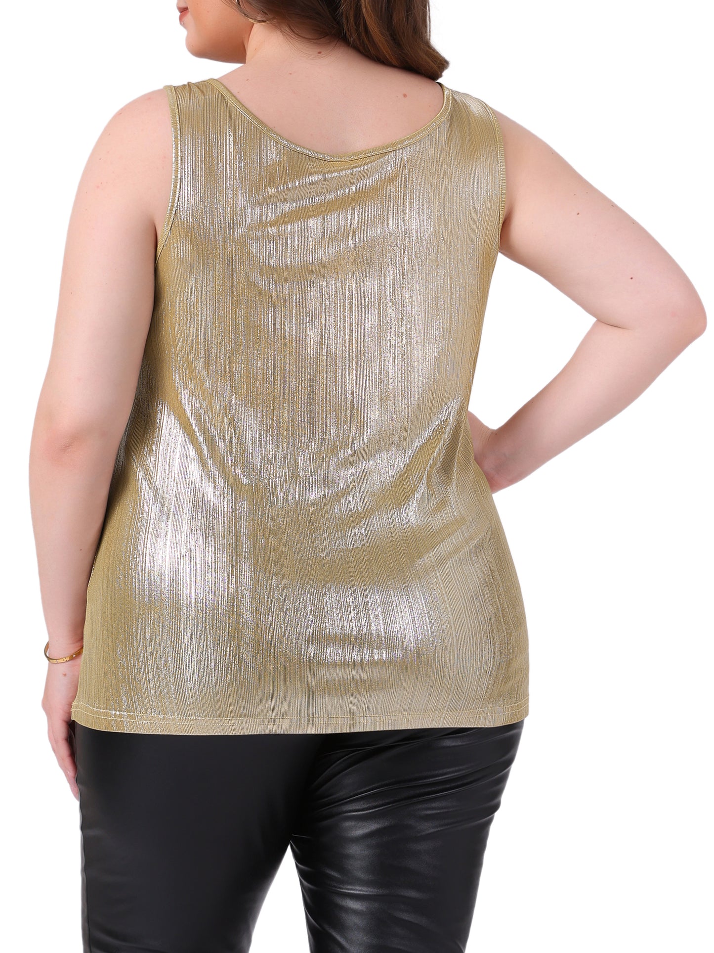 Women Plus Size Tops Scoop Neck Sleeveless Party Clubwear Holographic Shiny Metallic Tank Top