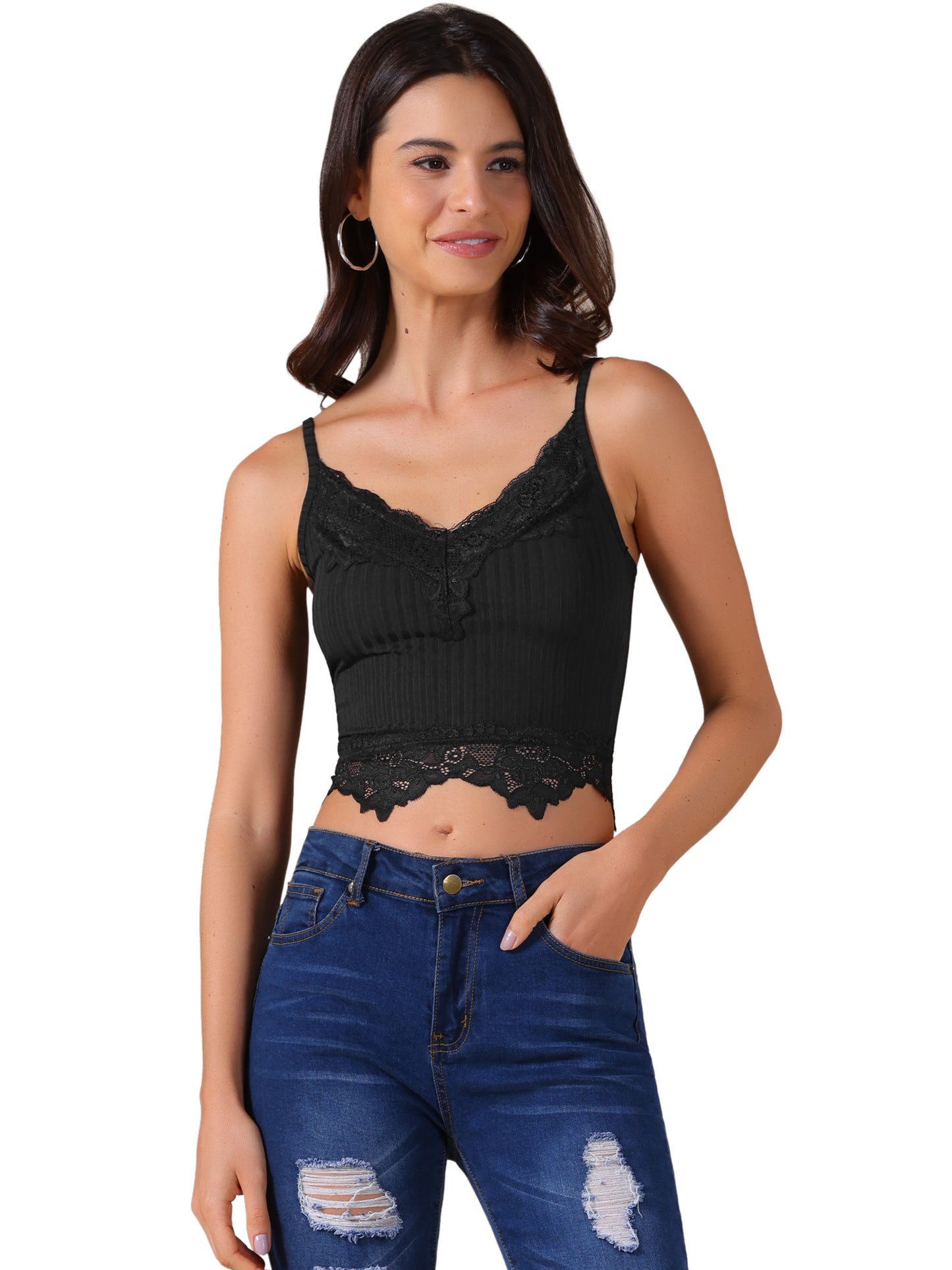 Top corto sexy con escote en V y ribete de encaje sin mangas para mujer