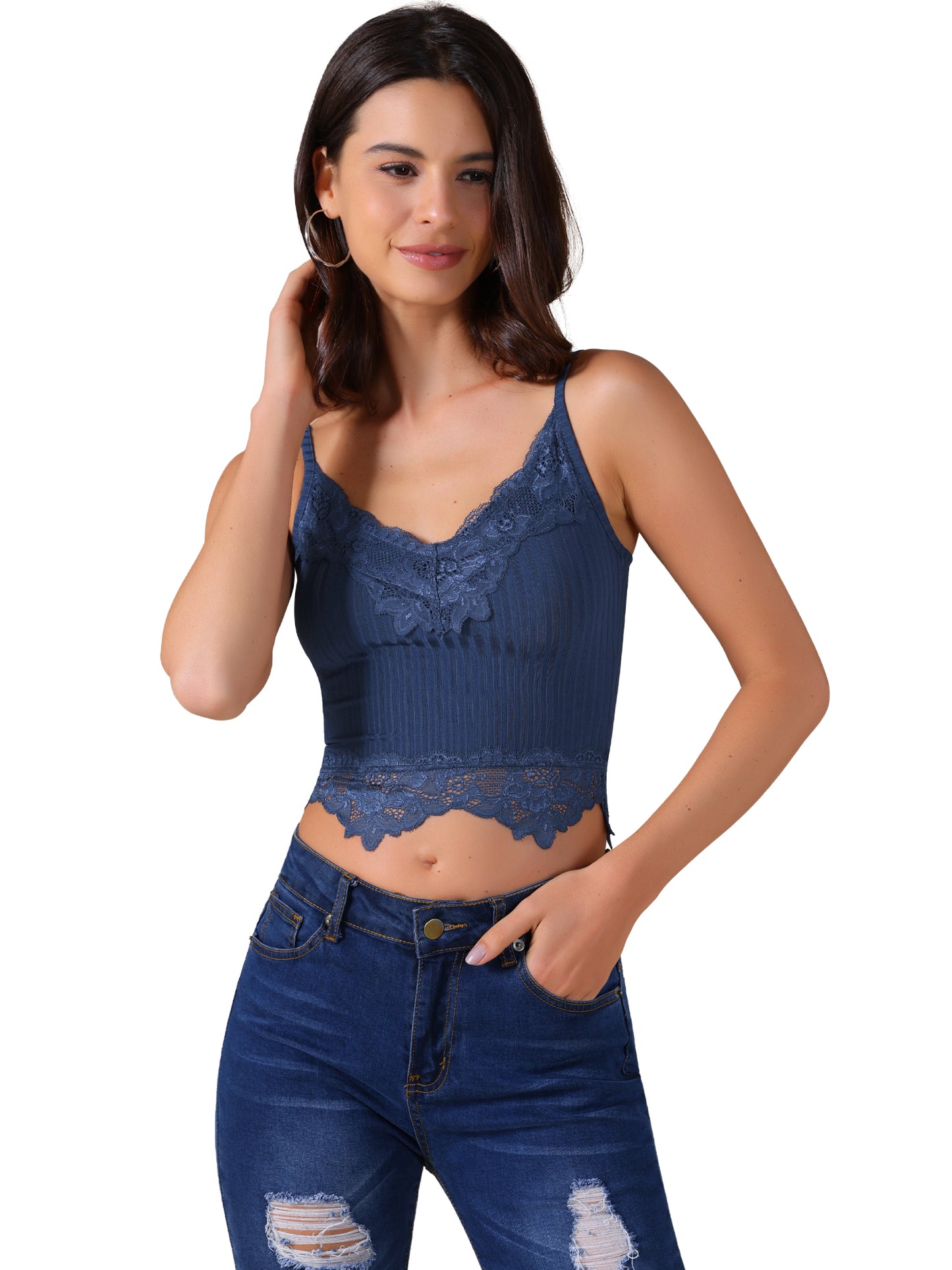 Women's Sexy V Neck Sleeveless Lace Trim Cropped Tank Top