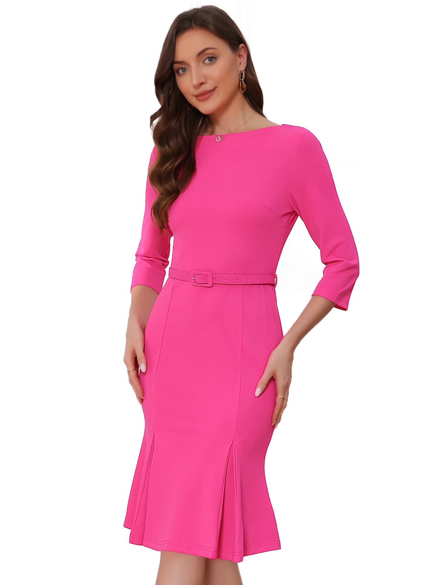Women's Boat Neck 3/4 Sleeve Pleated Modest Midi Dress Business Elegant Formal Dresses (Available in Plus Size)