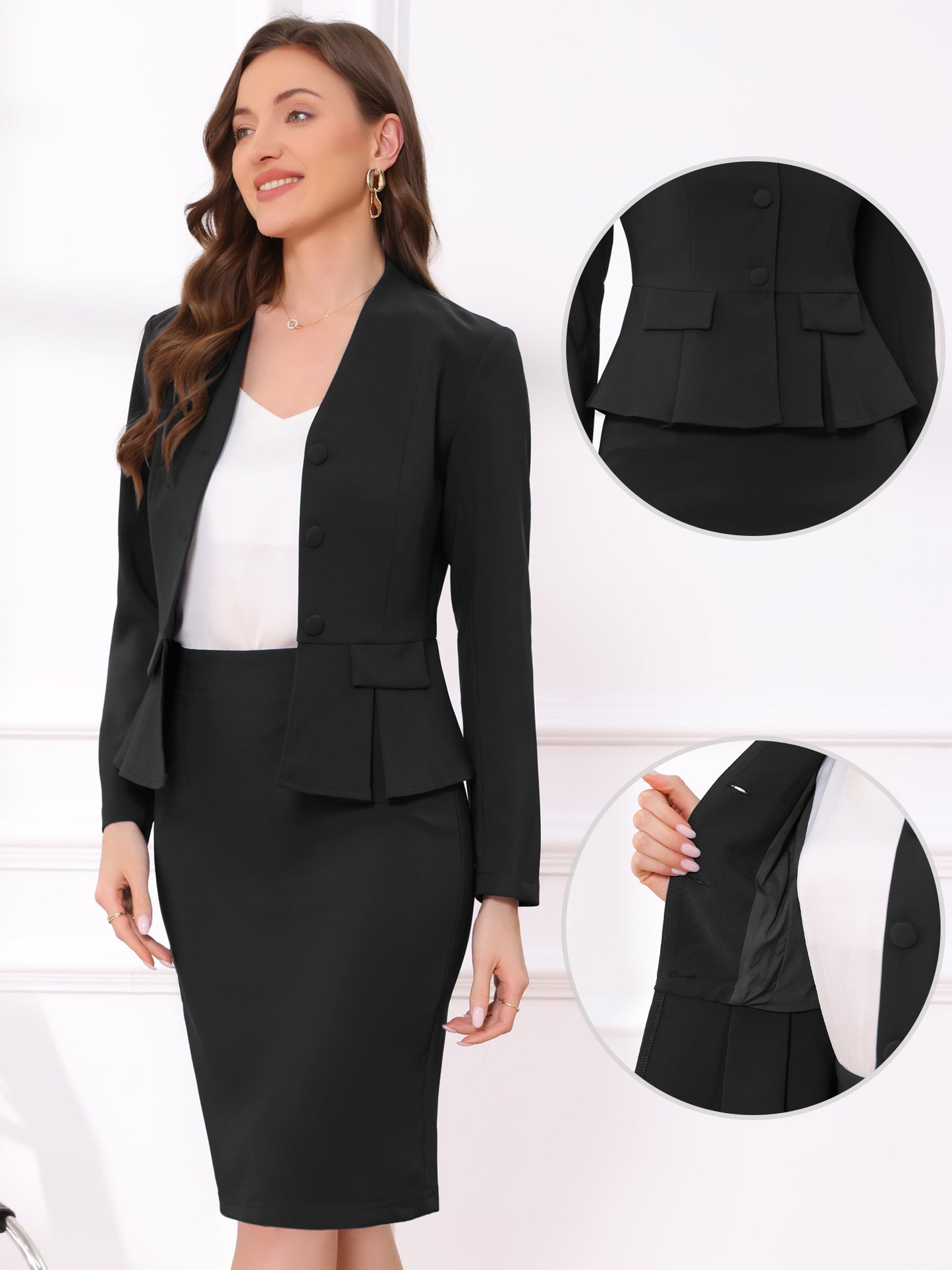 Women's Business 2 Piece Suit Set Long Sleeve Collarless Peplum Blazer Pencil Skirt