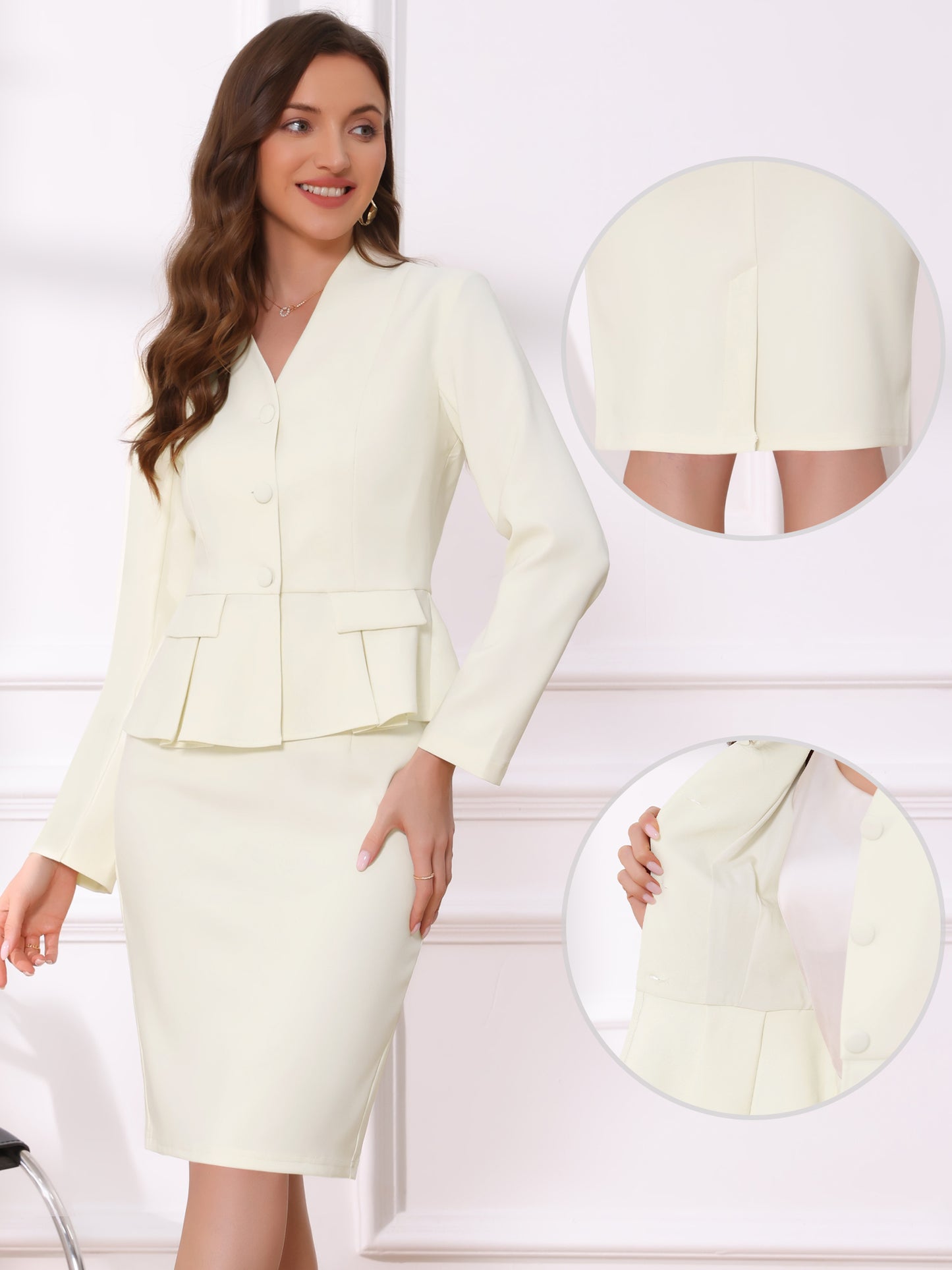 Women's Business 2 Piece Suit Set Long Sleeve Collarless Peplum Blazer Pencil Skirt