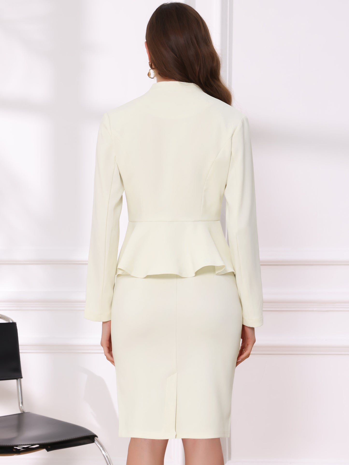 Women's Business 2 Piece Suit Set Long Sleeve Collarless Peplum Blazer Pencil Skirt