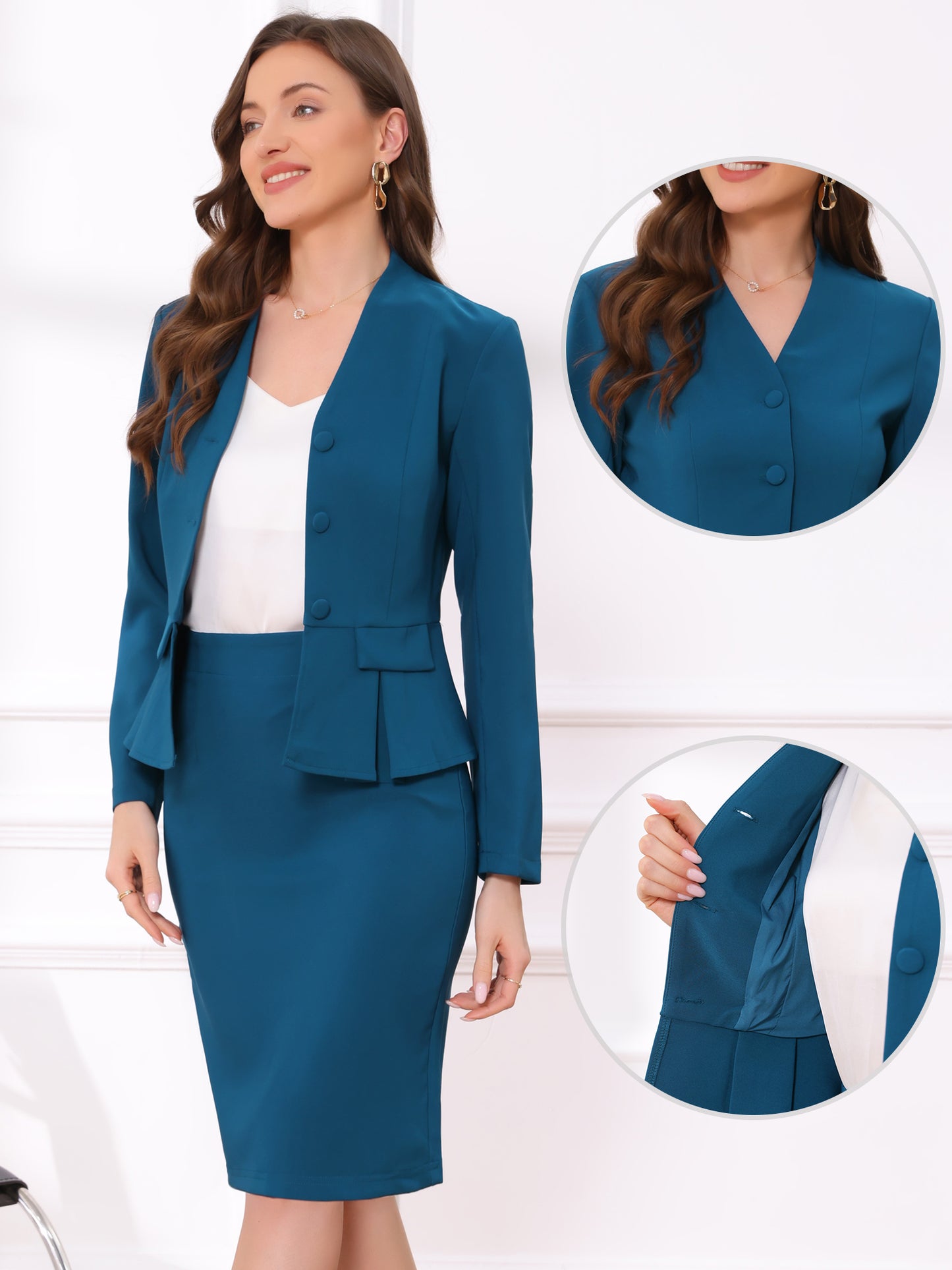 Women's Business 2 Piece Suit Set Long Sleeve Collarless Peplum Blazer Pencil Skirt
