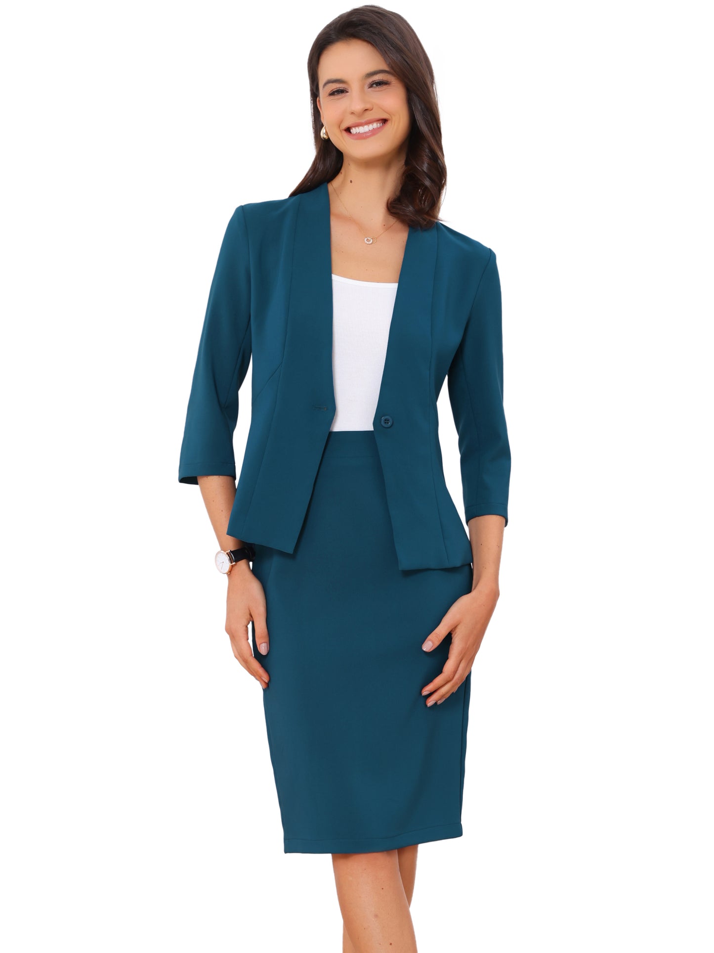 Women's 2 Piece Business Skirt Suit Set Office Work Collarless Blazer Pencil Skirt