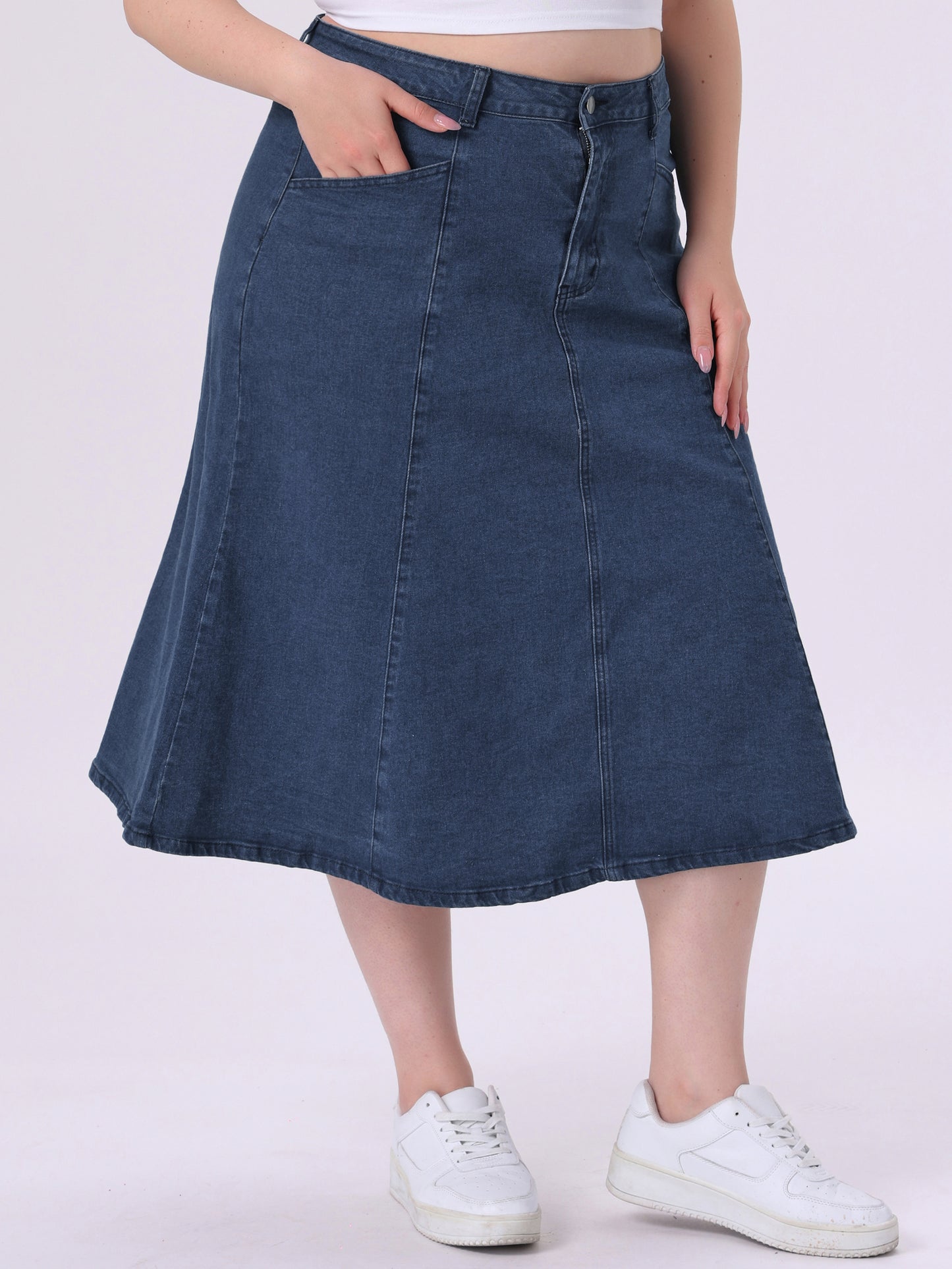 Women's Plus Size Denim Skirts Vintage High Waist with Pockets A-Line Midi Jean Skirt