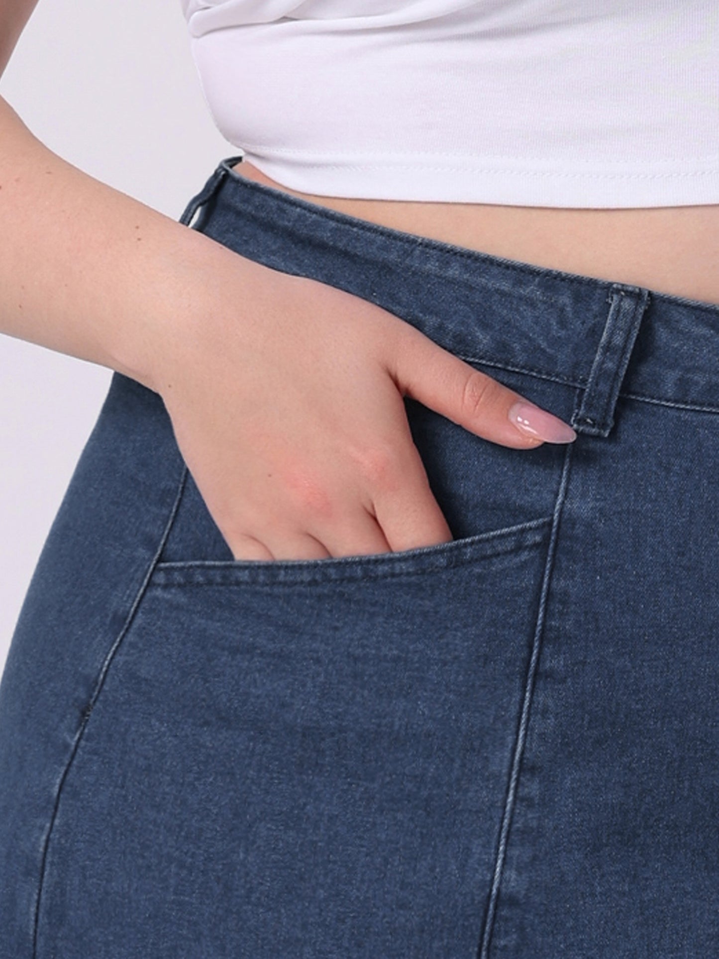 Women's Plus Size Denim Skirts Vintage High Waist with Pockets A-Line Midi Jean Skirt