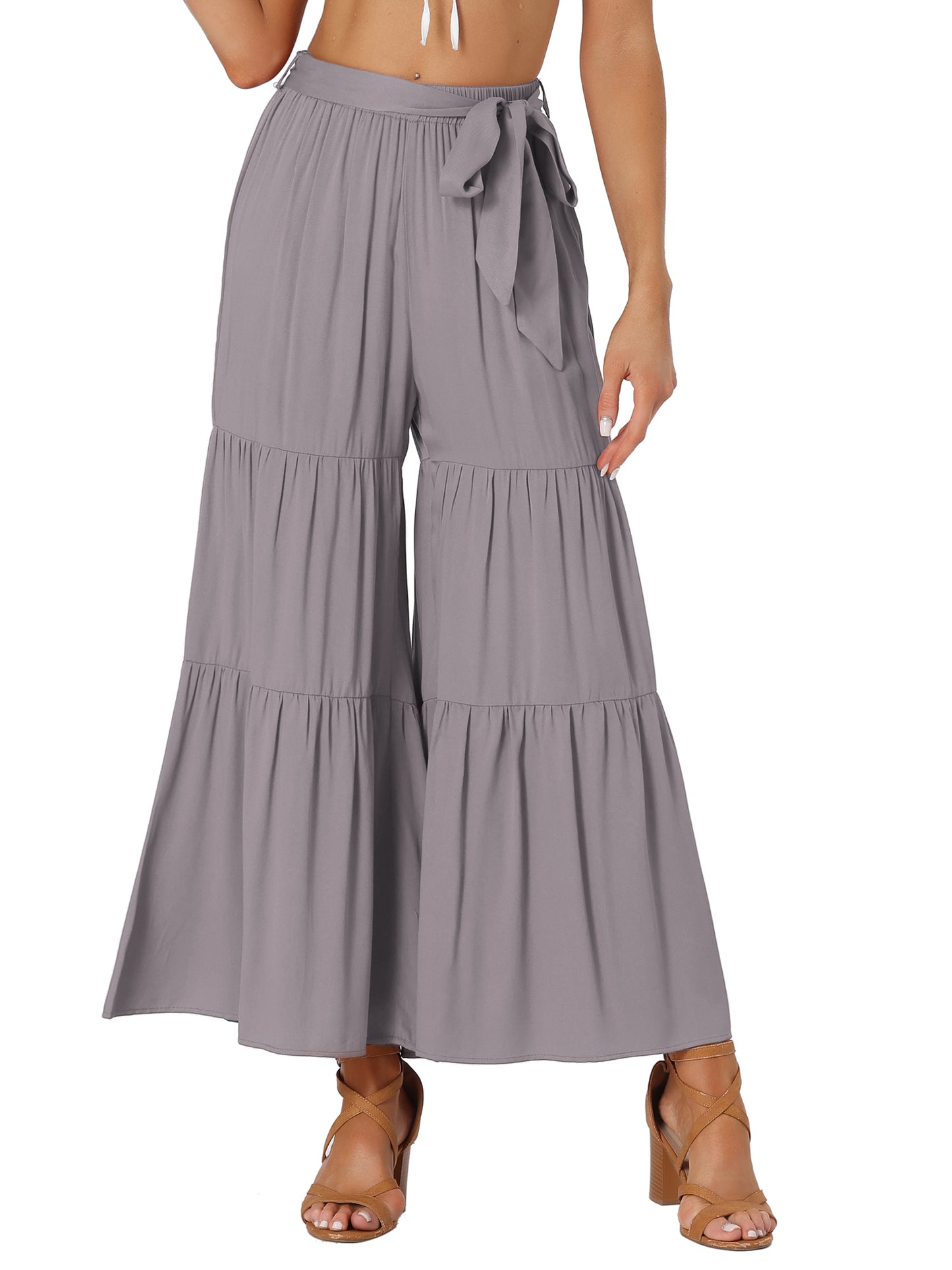 Women's Boho Elastic High Waisted Ruffles Flare Palazzo Wide Leg Pants