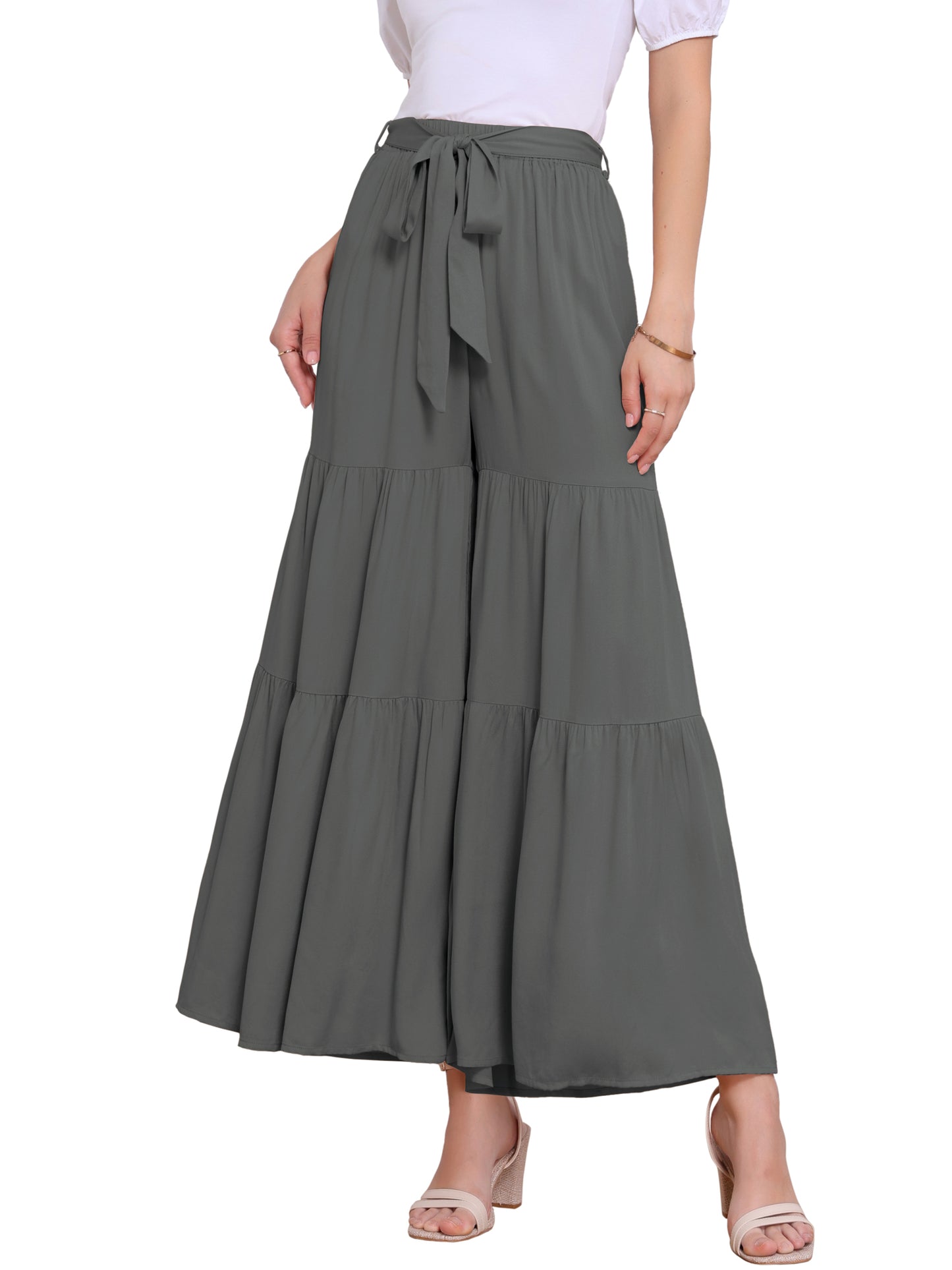 Women's Boho Elastic High Waisted Ruffles Flare Palazzo Wide Leg Pants