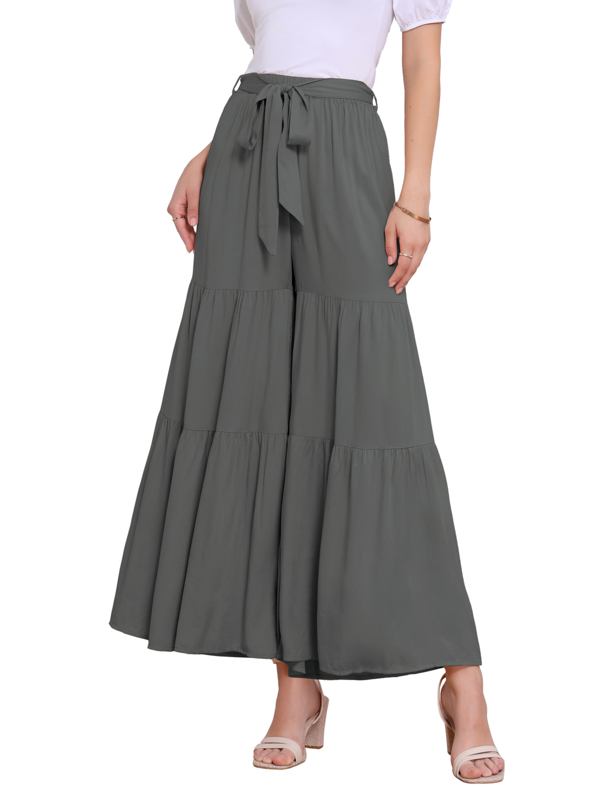 Women's Boho Elastic High Waisted Ruffles Flare Palazzo Wide Leg Pants