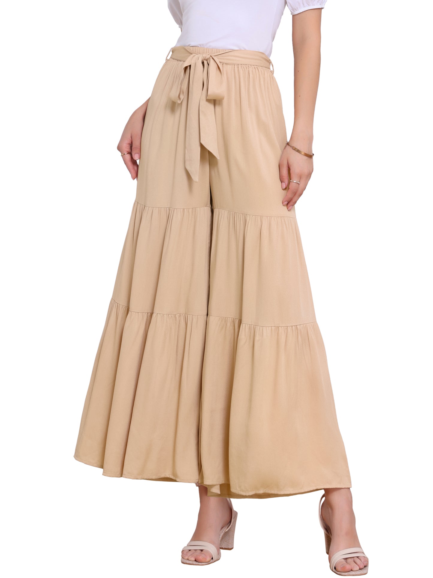 Women's Boho Elastic High Waisted Ruffles Flare Palazzo Wide Leg Pants