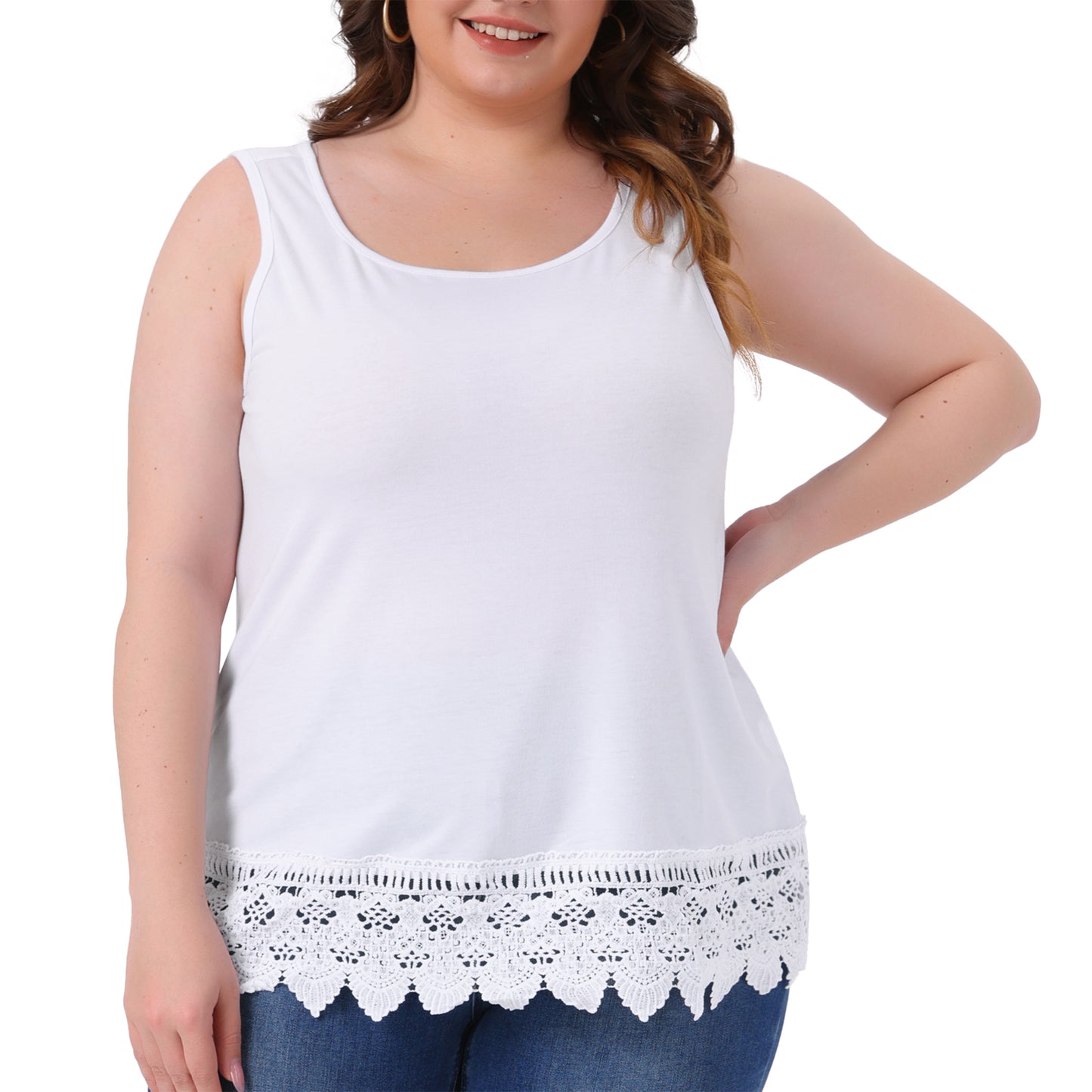 Women Plus Size Tops Round Neck Sleeveless Swing Lace Panel Flowy Tee Tops Summer