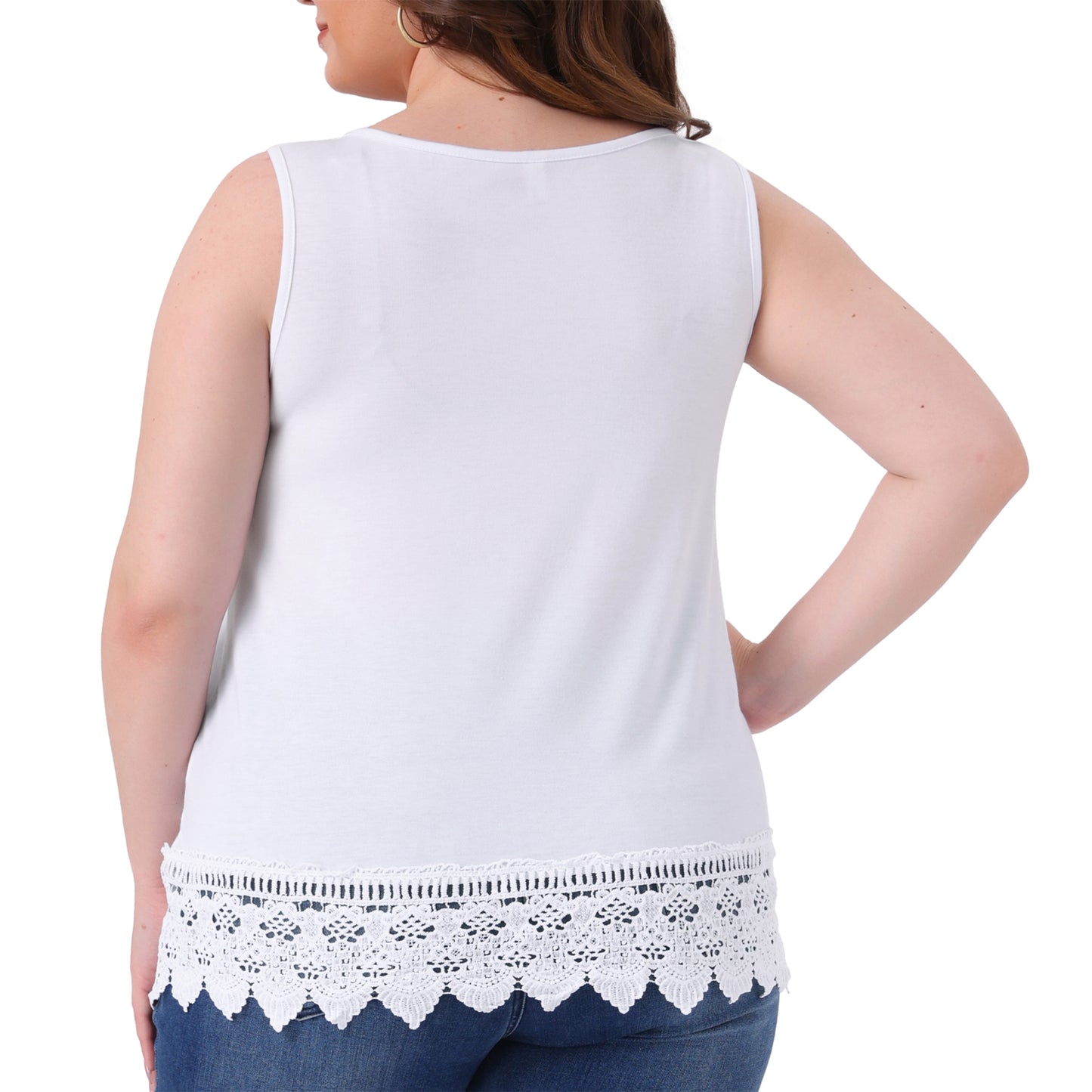 Women Plus Size Tops Round Neck Sleeveless Swing Lace Panel Flowy Tee Tops Summer