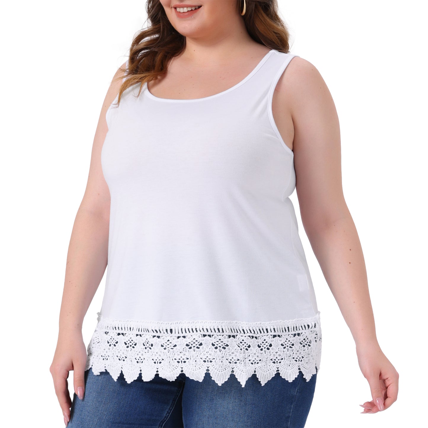 Women Plus Size Tops Round Neck Sleeveless Swing Lace Panel Flowy Tee Tops Summer