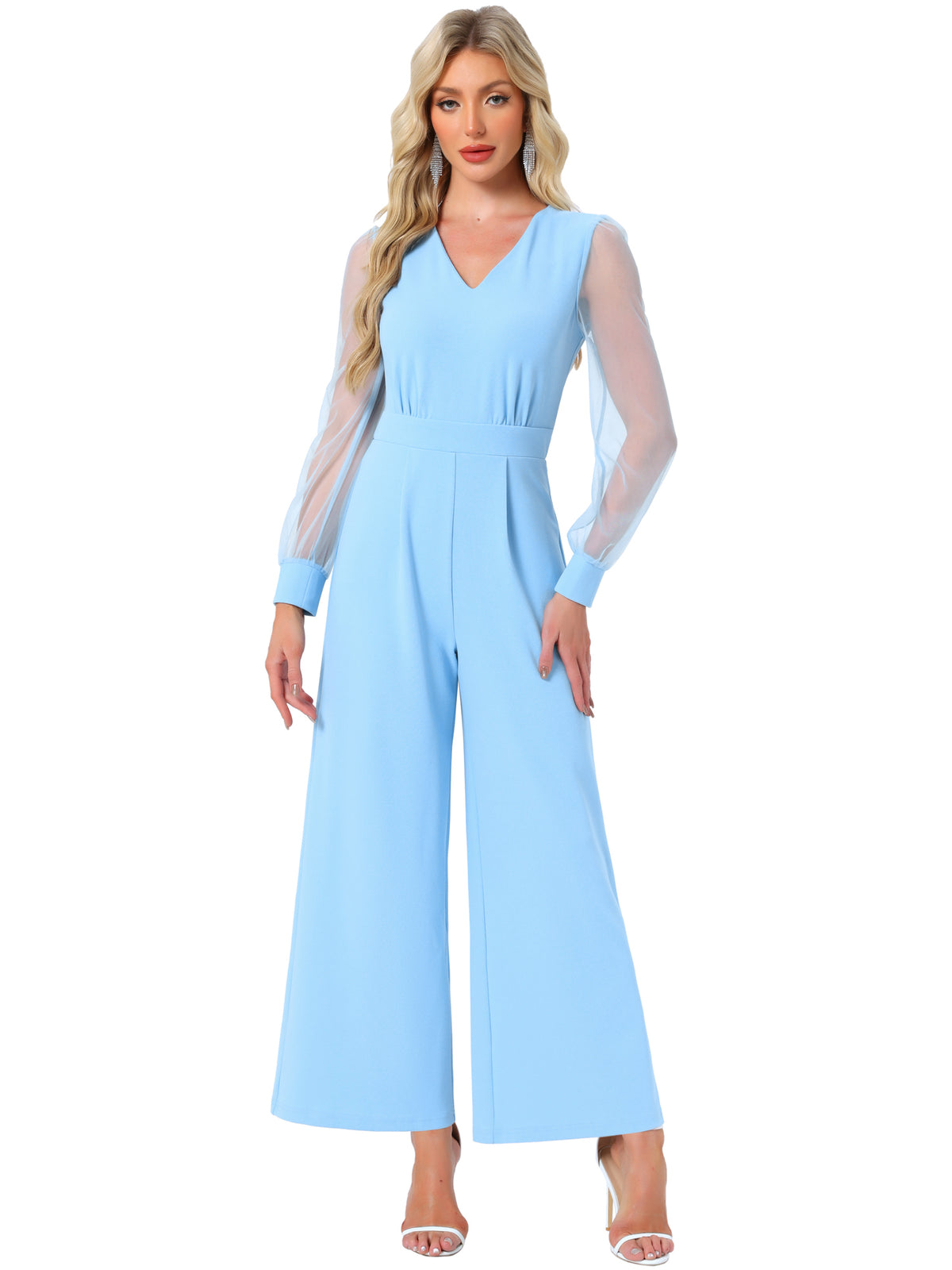 Women's Elegant V Neck Mesh Long Sleeve Loose Wide Leg Romper Cocktail Jumpsuits (Available in Plus Size)