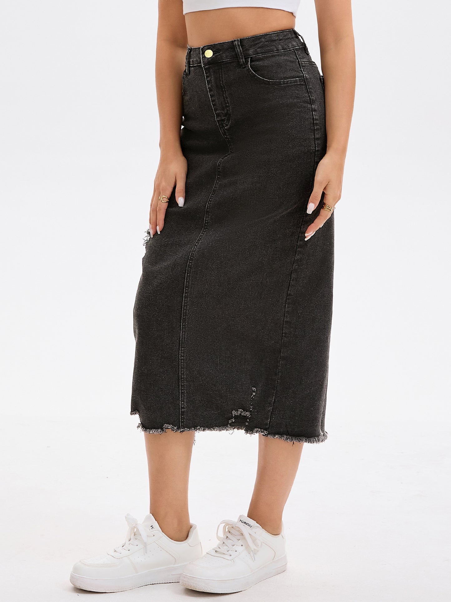 Women's Ripped Raw Hem High Waisted Stretch Midi Denim Skirt