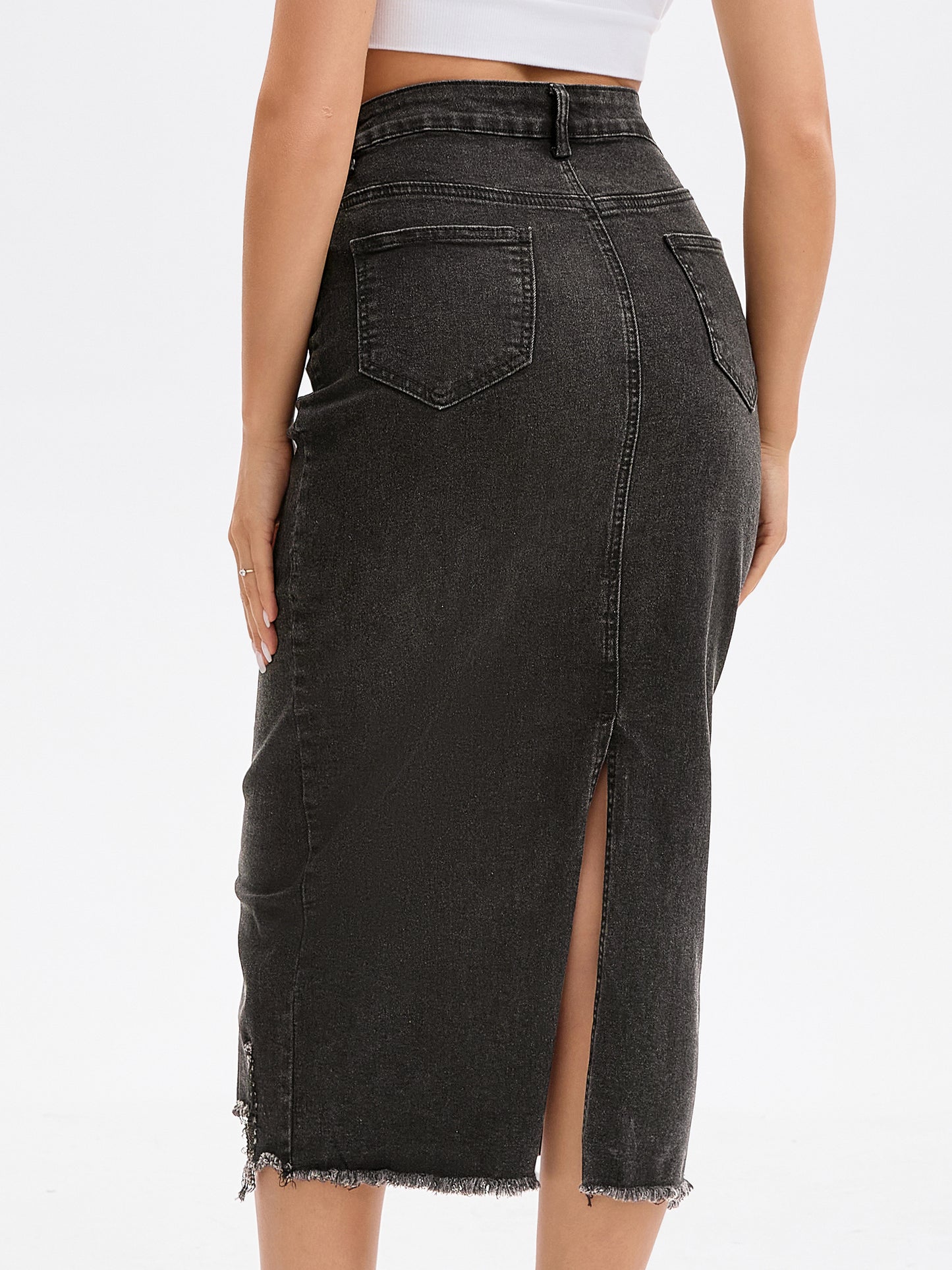 Women's Ripped Raw Hem High Waisted Stretch Midi Denim Skirt