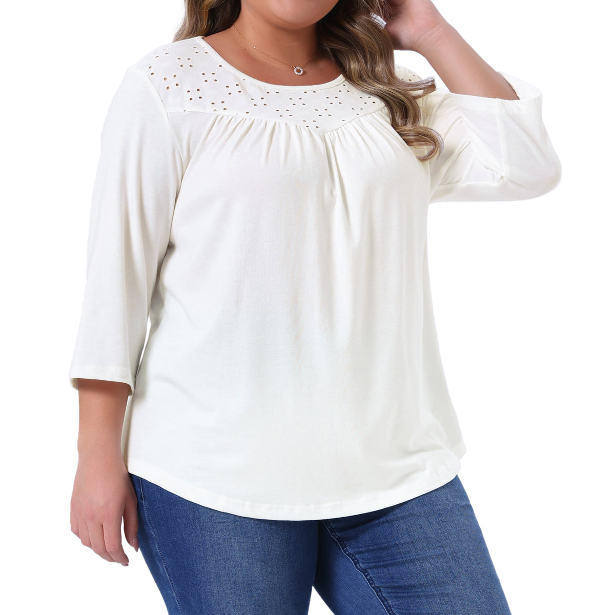 Women Plus Size 3/4 Sleeve Crochet Lace Detail Blouse Top Flowy Casual Tunic