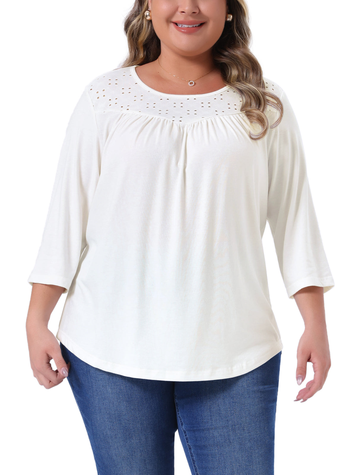 Women Plus Size 3/4 Sleeve Crochet Lace Detail Blouse Top Flowy Casual Tunic