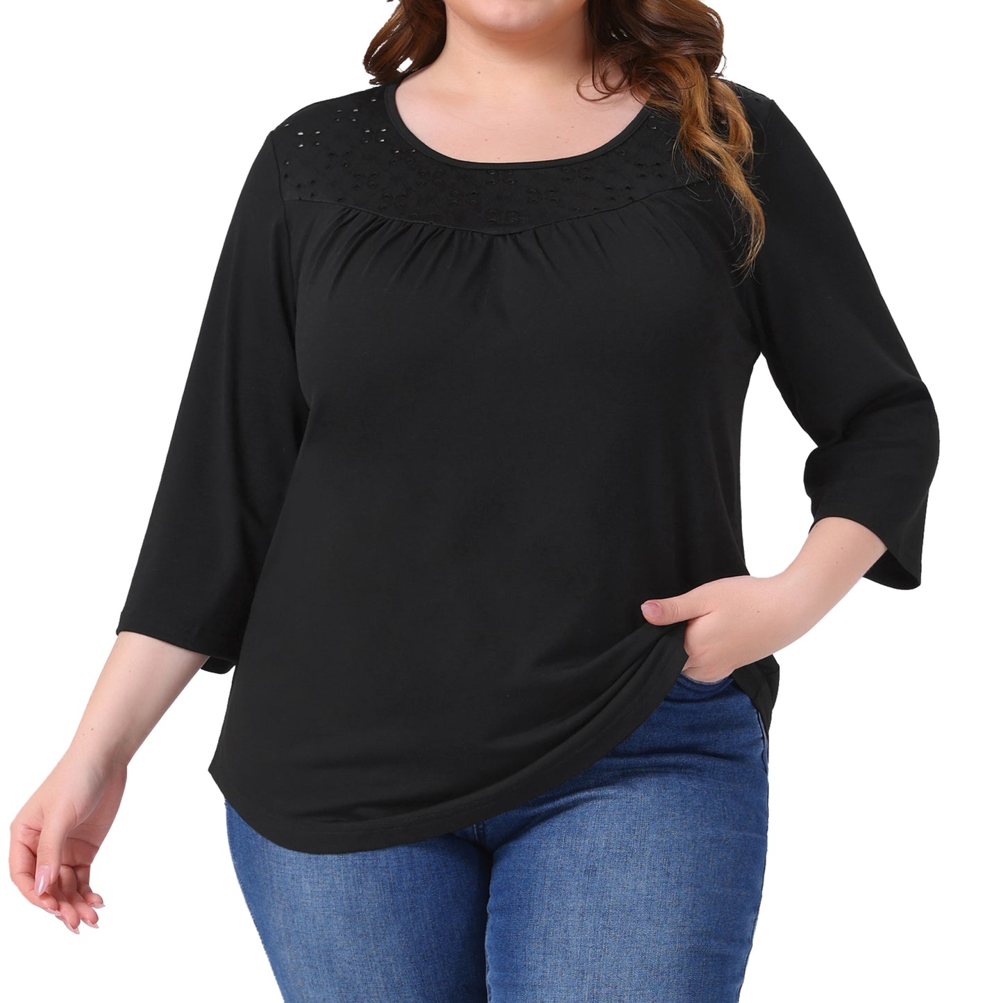 Women Plus Size 3/4 Sleeve Crochet Lace Detail Blouse Top Flowy Casual Tunic