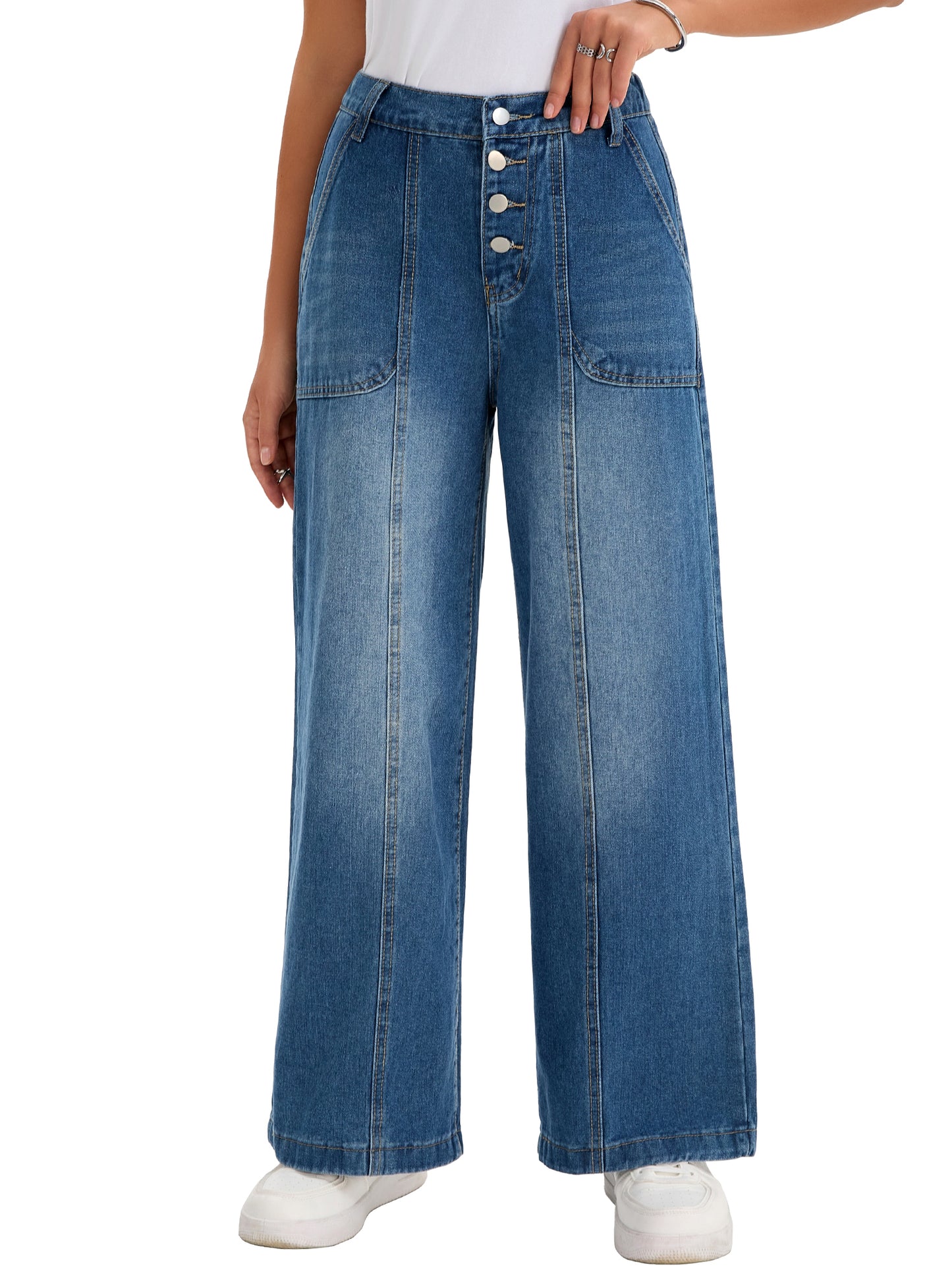 Pantalones vaqueros de mujer de cintura alta con botones delanteros, elásticos, rectos, sueltos, casuales, de pierna ancha