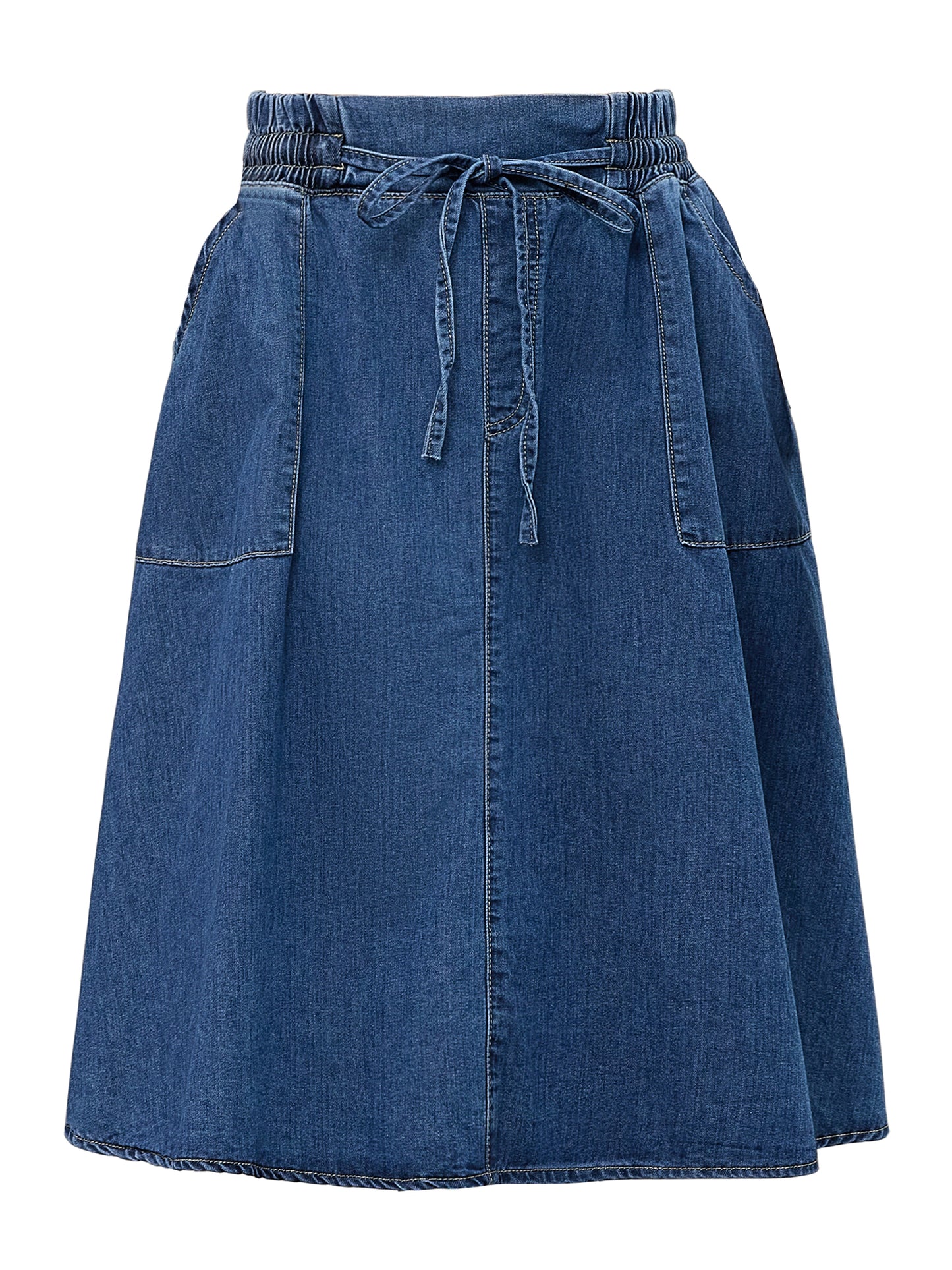 Women's Jean Elastic Waist A-Line Midi Denim Skirt with Pockets