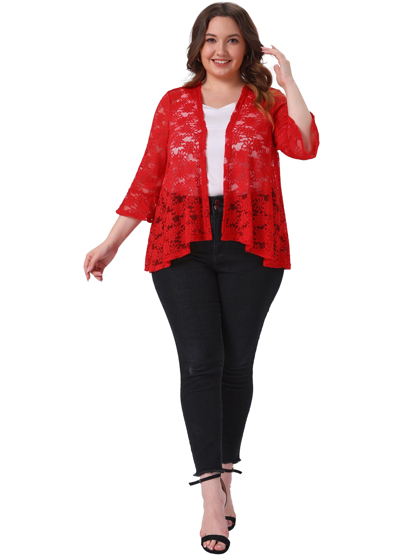 Women Plus Size Cardigans Open Front 3/4 Bell Sleeve Sheer Lightweight Lace Cover Up