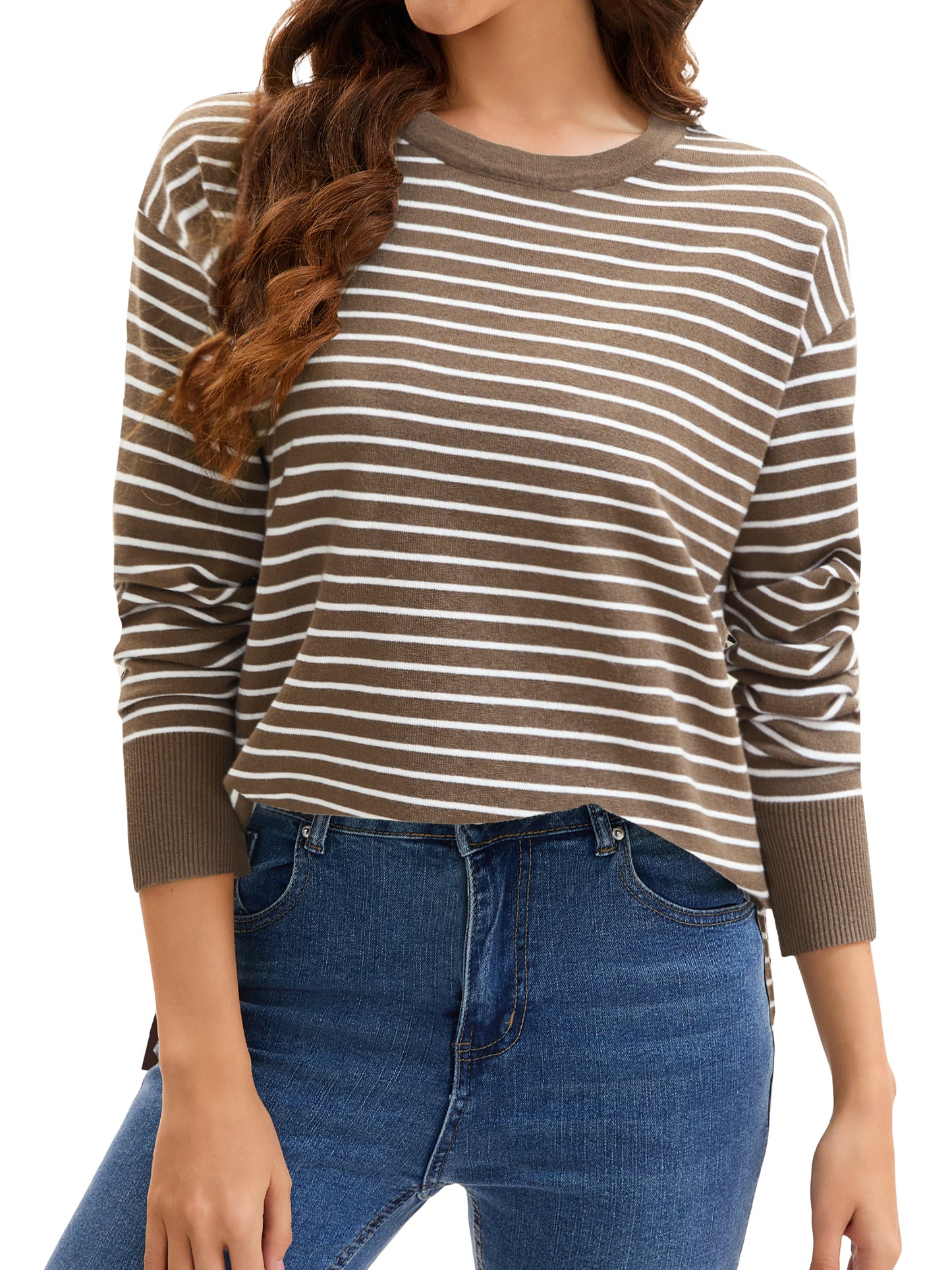 Suéter de rayas para mujer, con aberturas laterales, tejido de punto, cuello redondo, jersey de gran tamaño